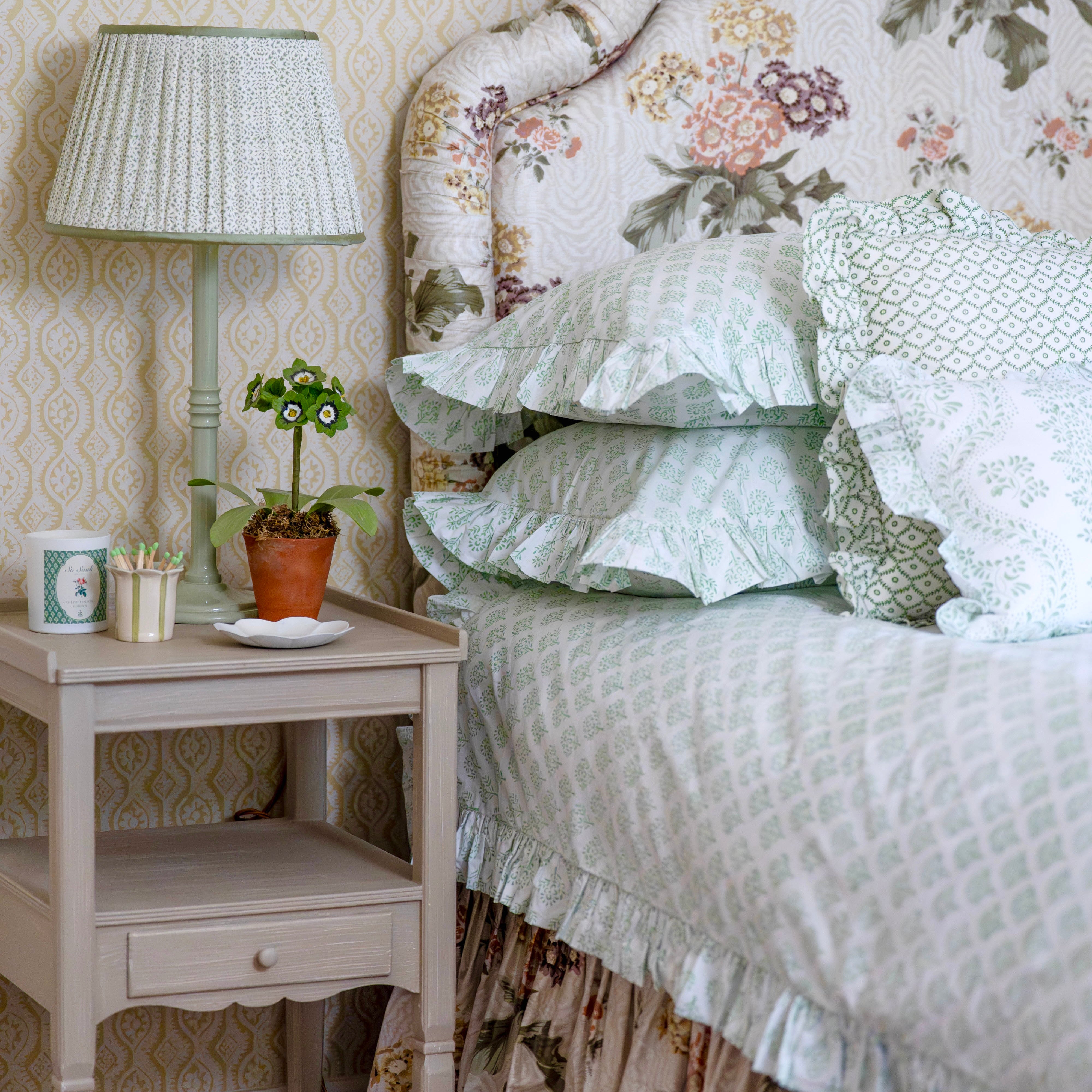 Green Sprig Handblocked Frilled Pillowcase