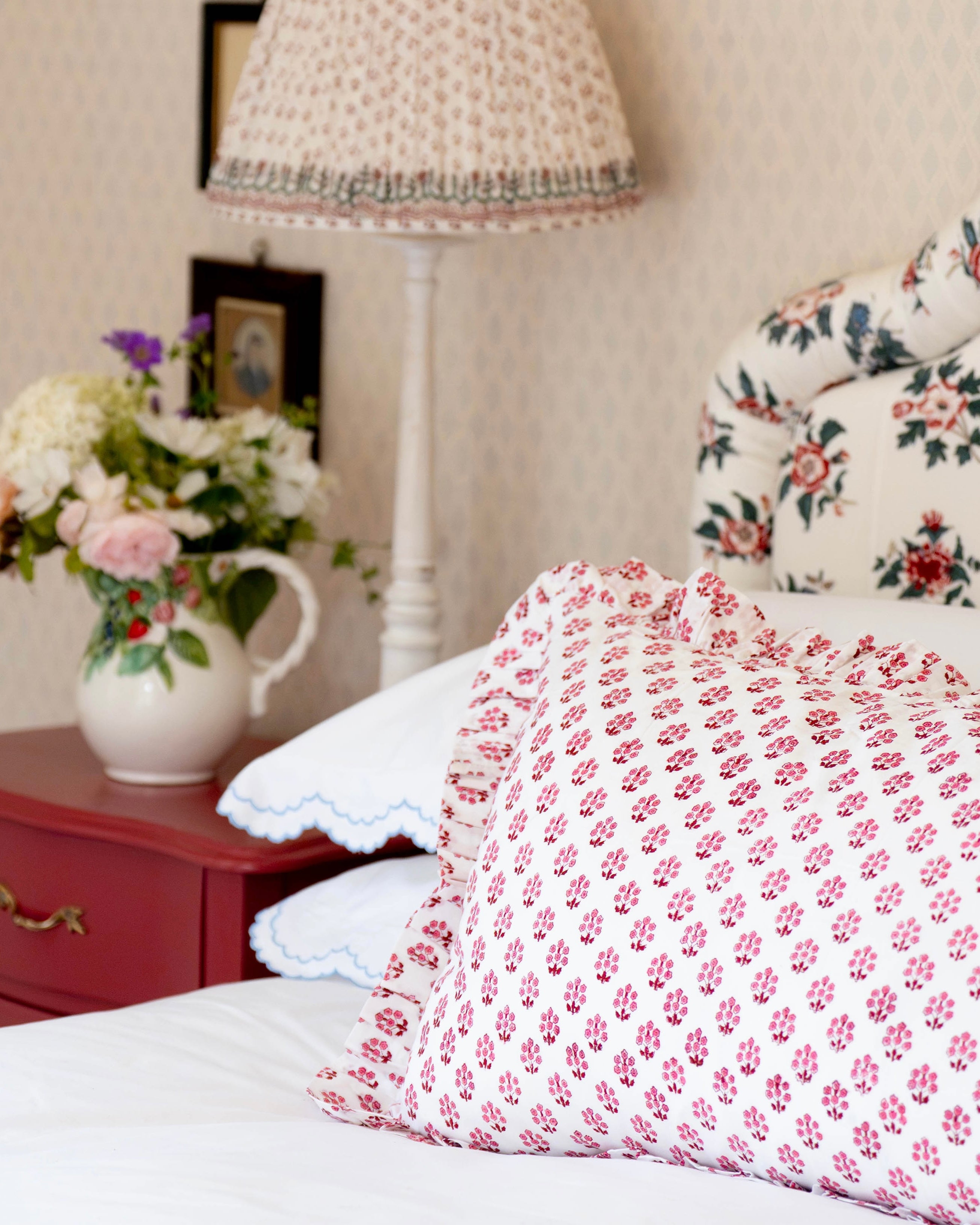 Pink Daphne Handblocked Frilled Bolster Cushion