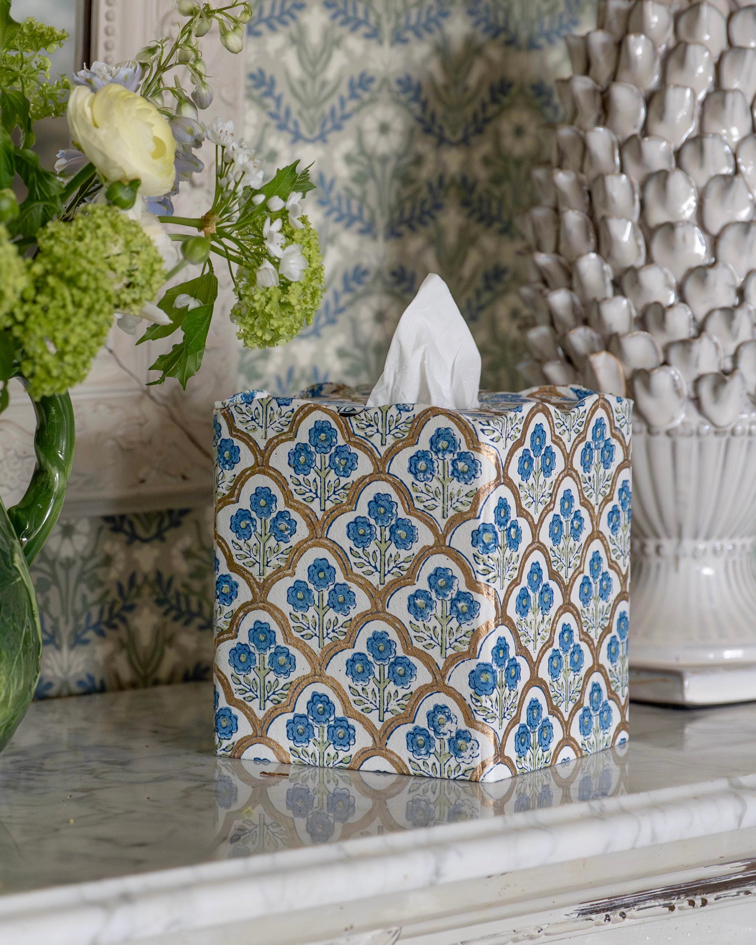 Blue Floral Trellis Tissue Box