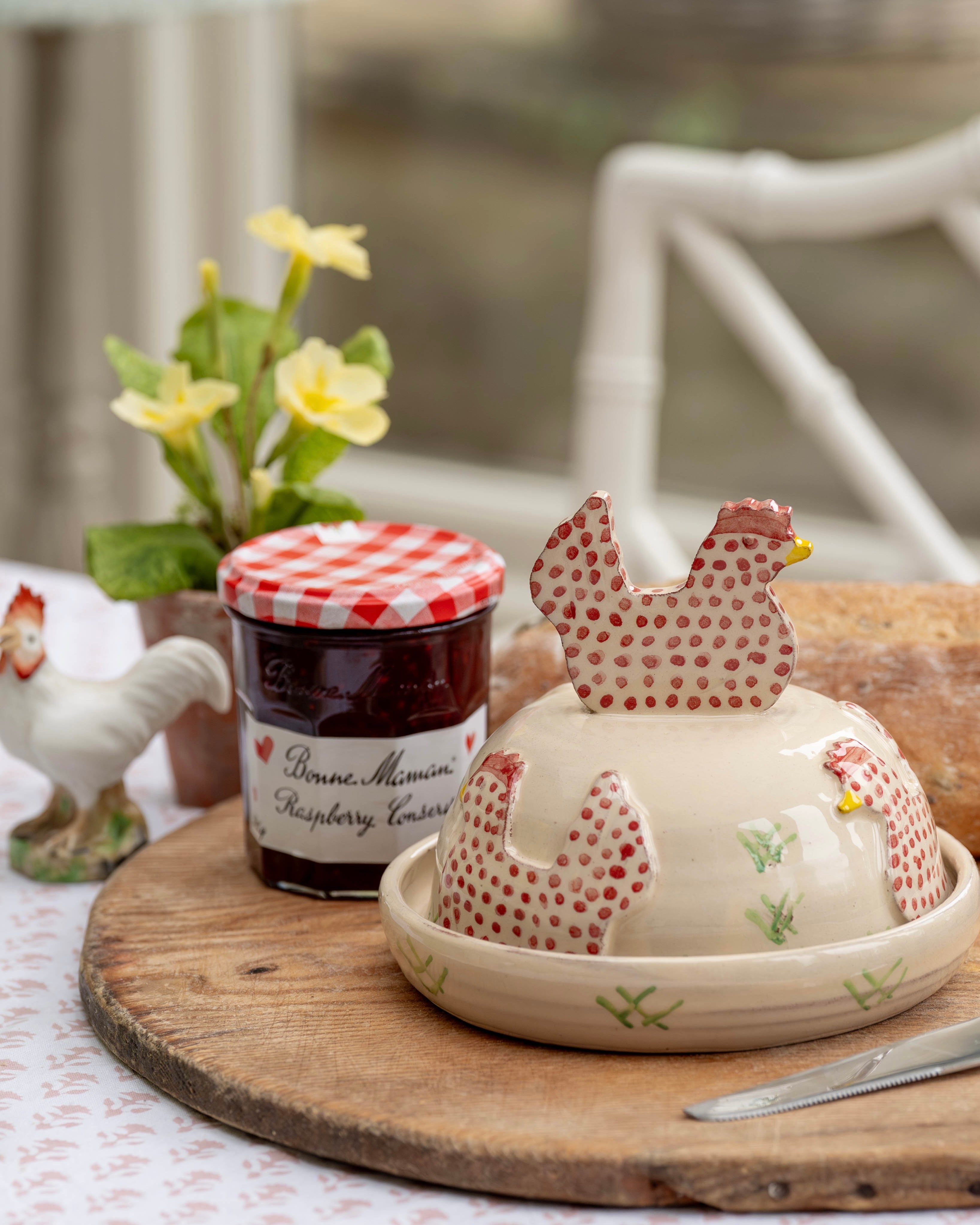 Pink Spotty Hens Butter Dish