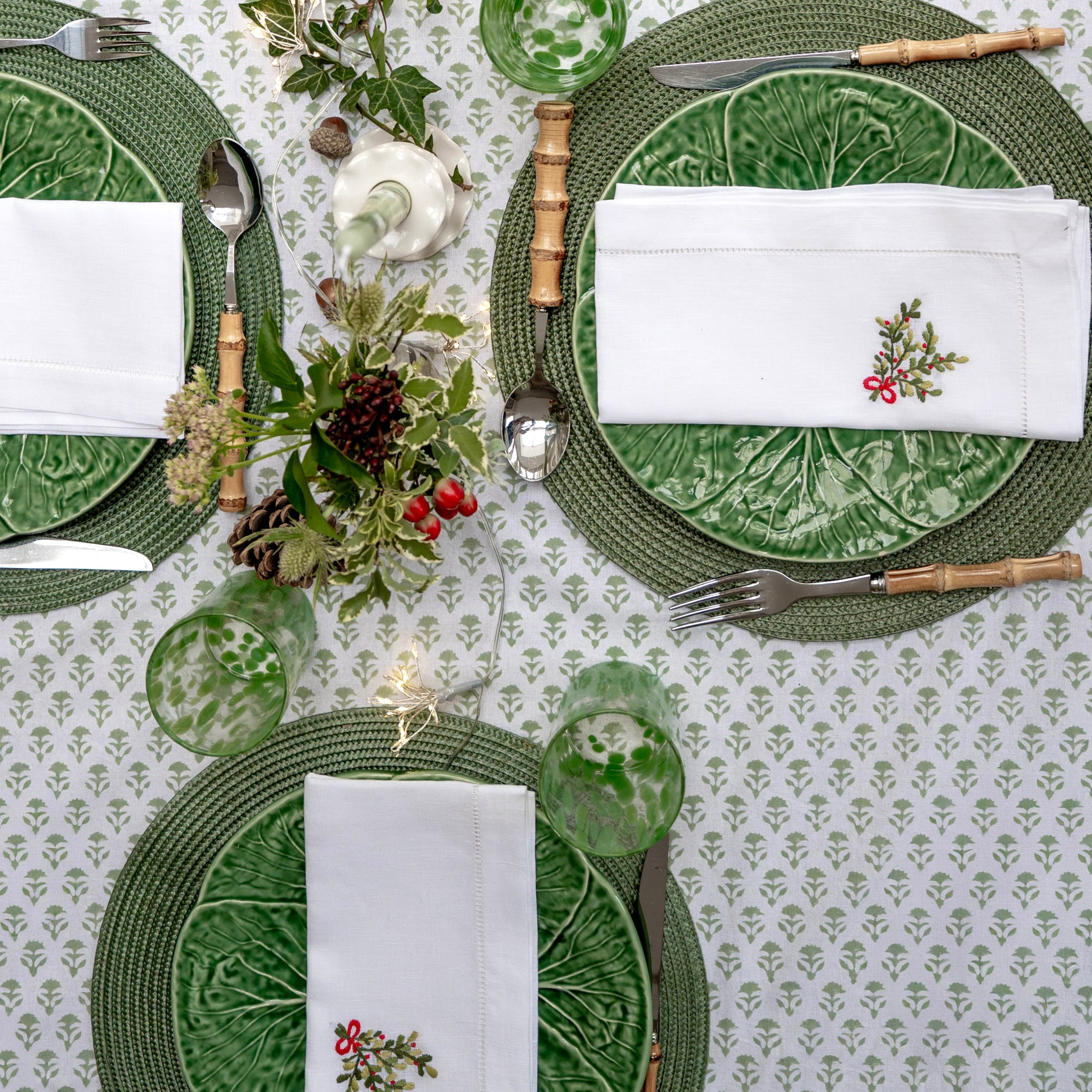 Sage Green Carnation Handblocked Tablecloth