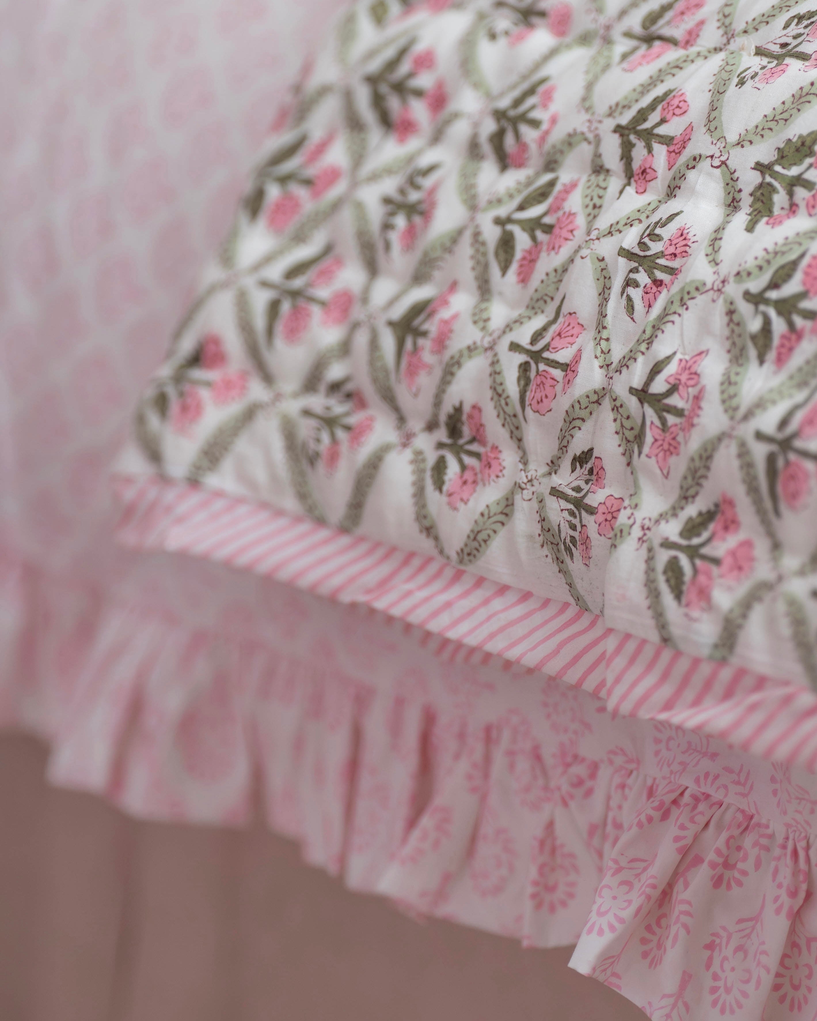 Pink and Green Trellis Handblocked Quilt