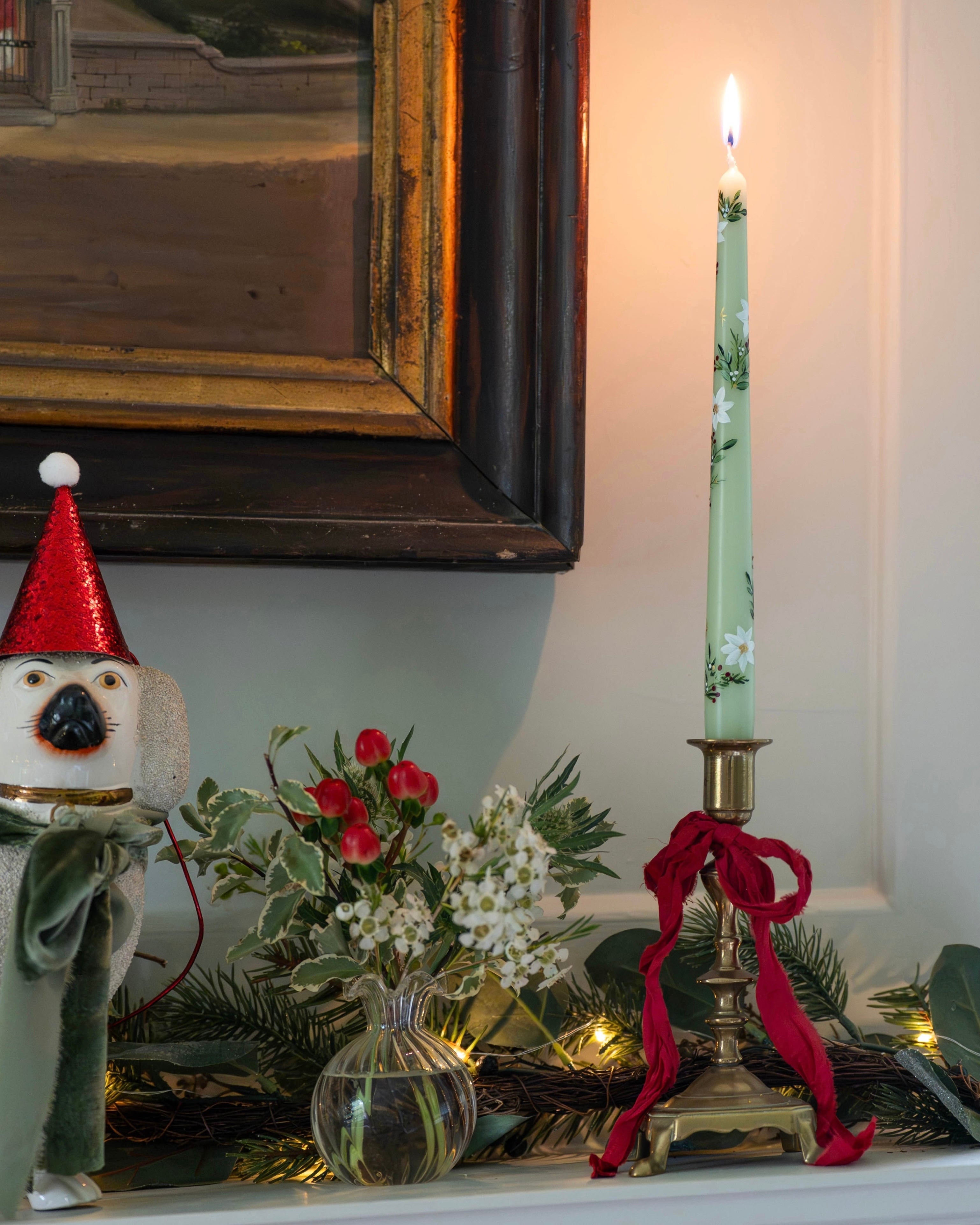 Green Festive Rose Handpainted Candle (Single)