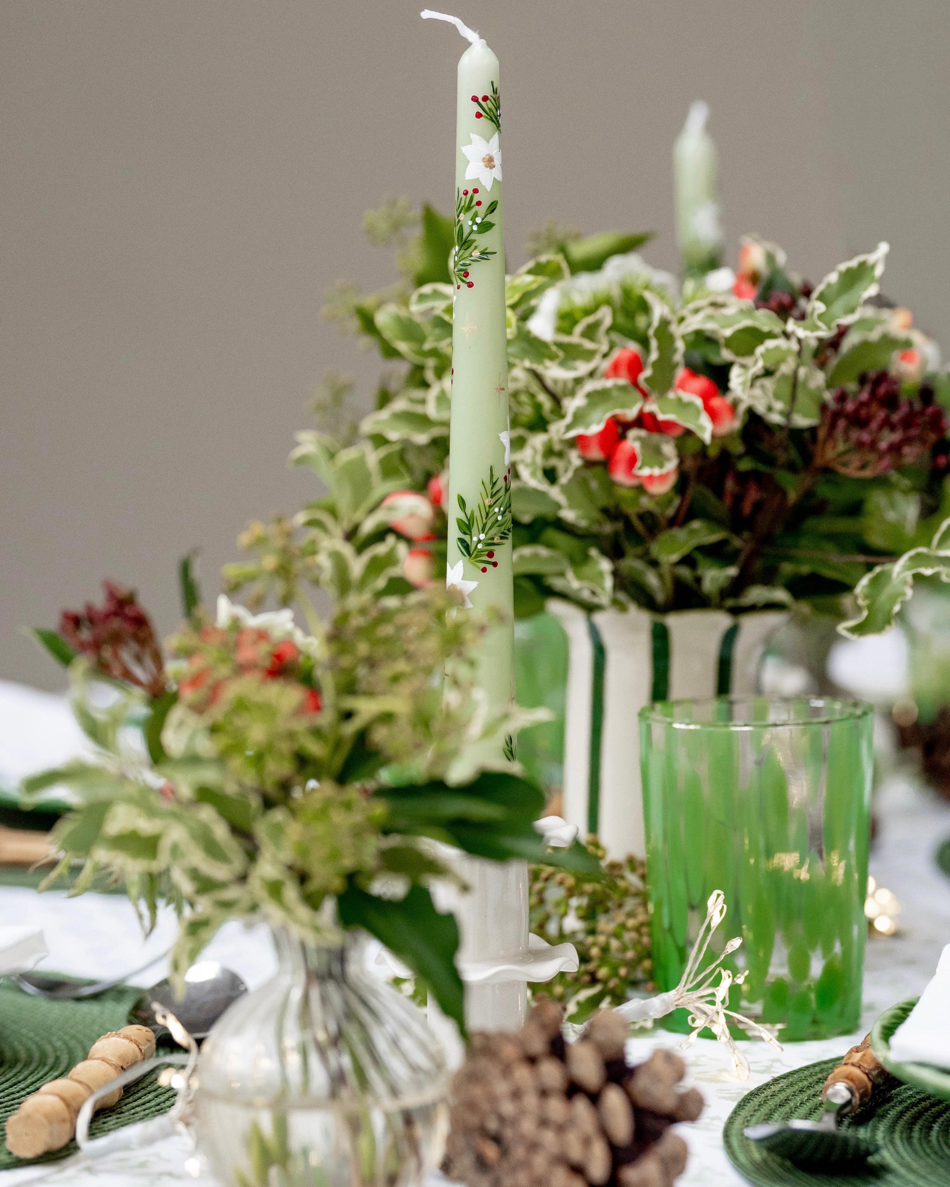 Green Festive Rose Handpainted Candle (Single)