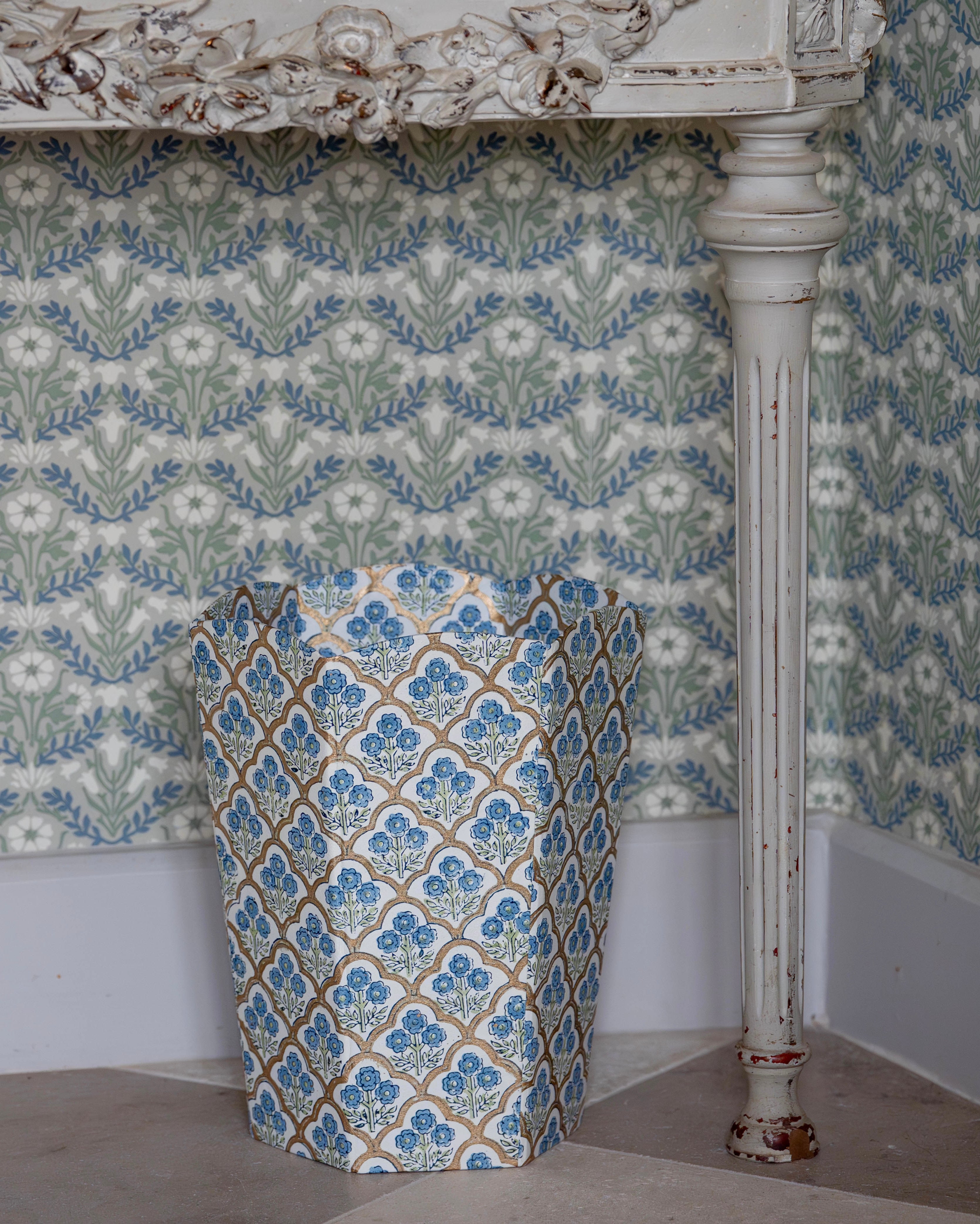 Blue Floral Trellis Waste Paper Basket