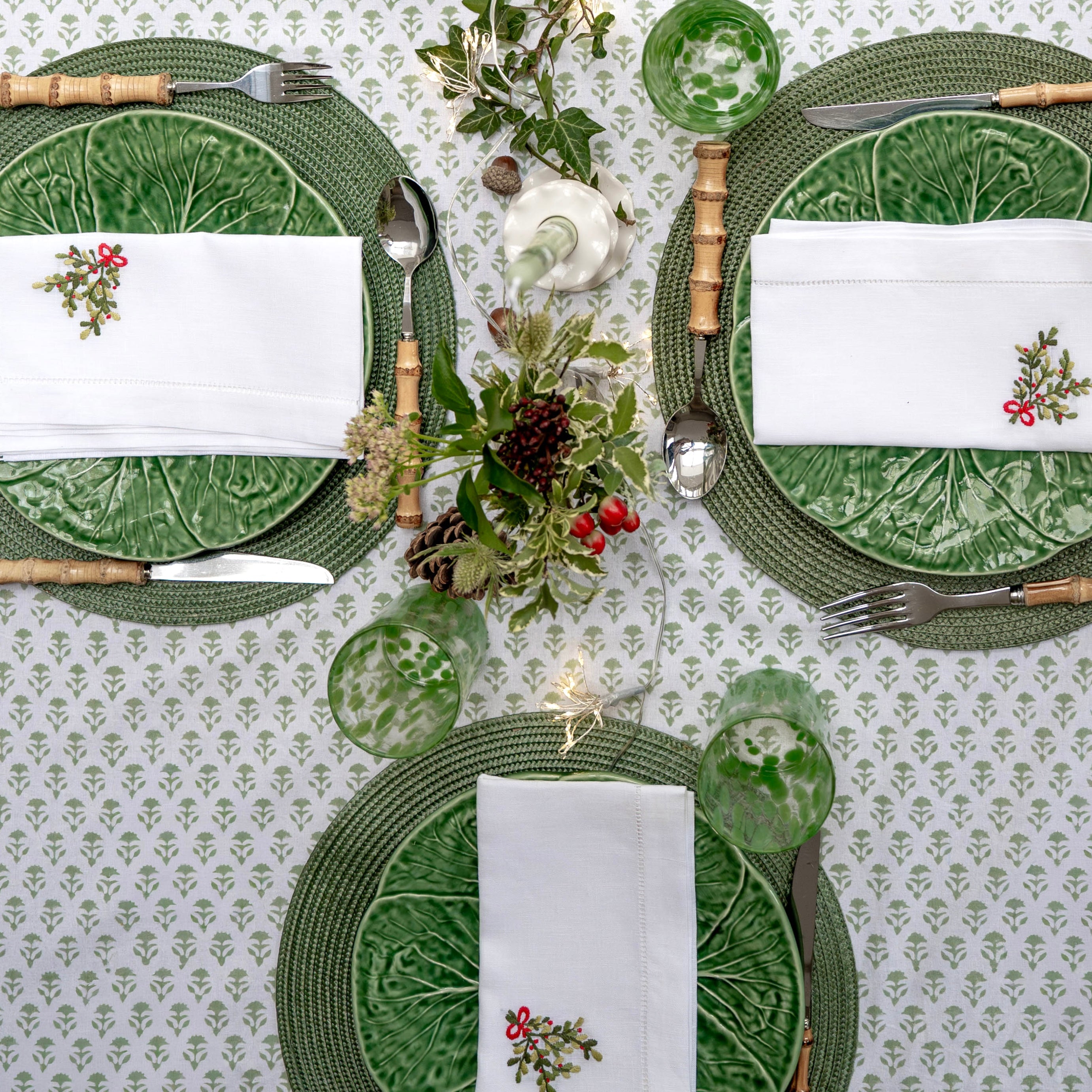 Sage Green Carnation Handblocked Tablecloth