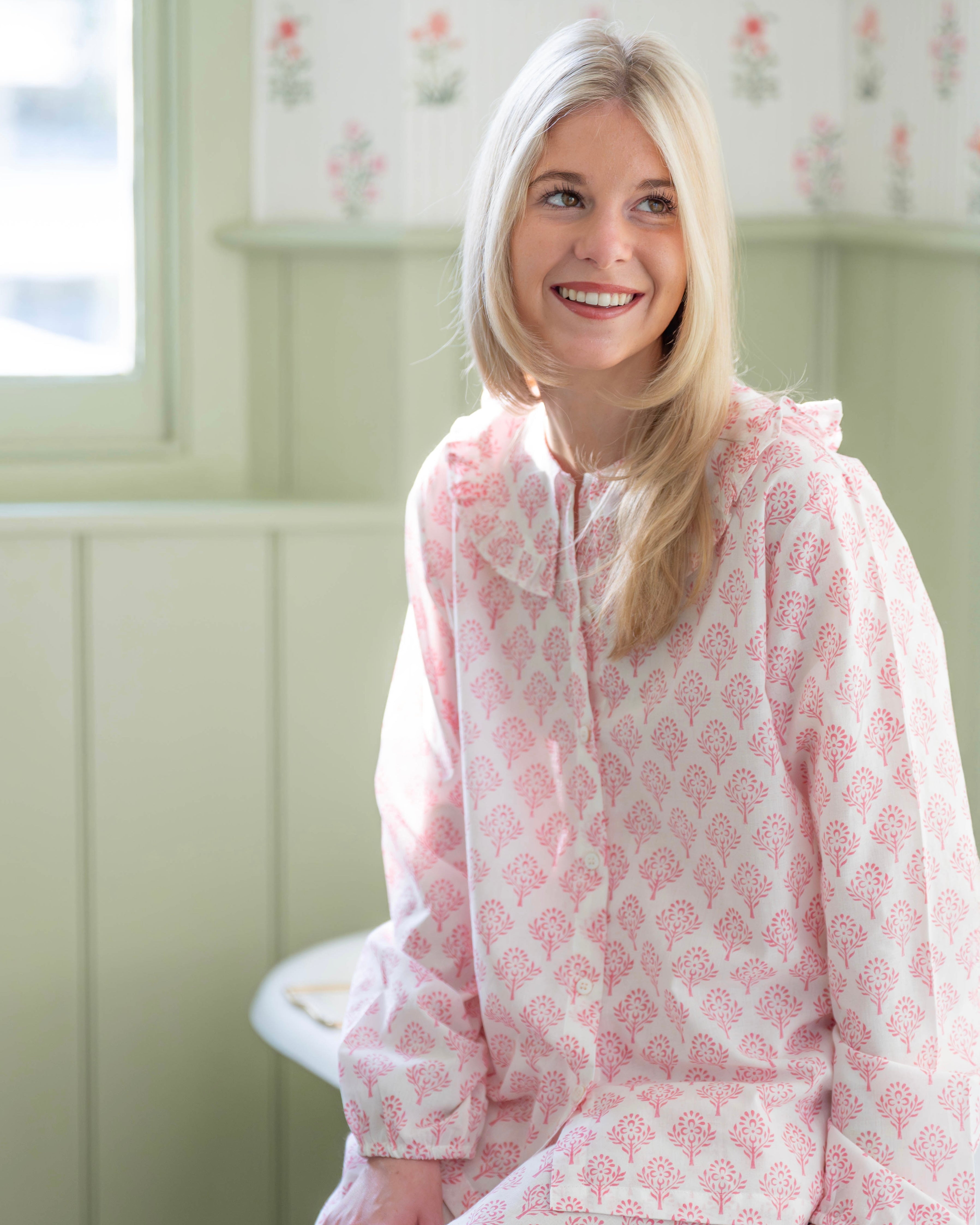 Pink Sprig Frilled Collar Pyjamas