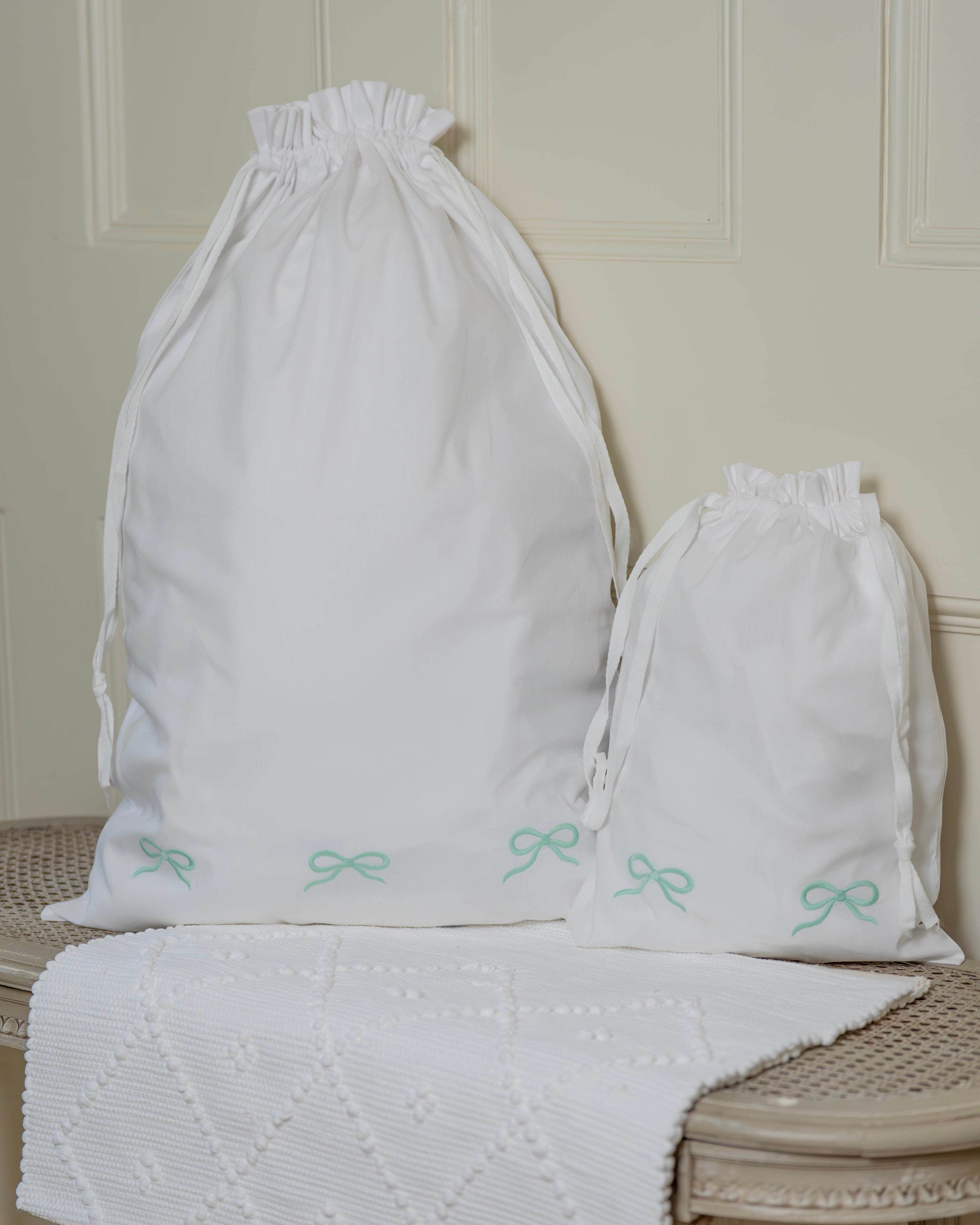 Green Bow Embroidered Cotton Laundry Bag