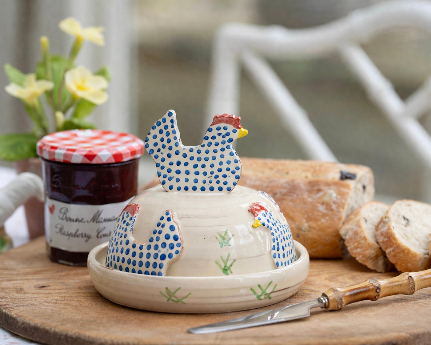 Blue Spotty Hens Butter Dish