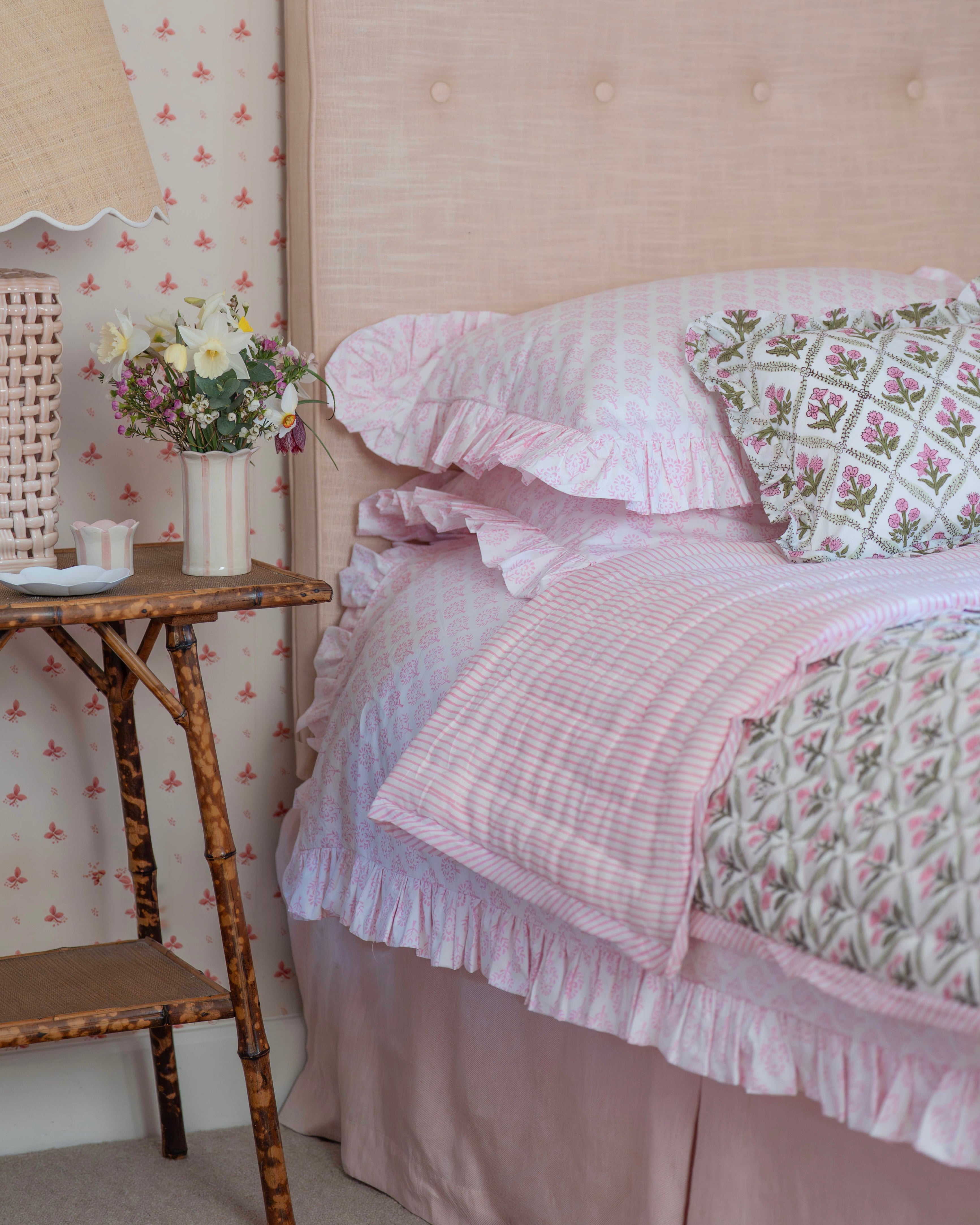 Pink Sprig Handblocked Frilled Pillowcase