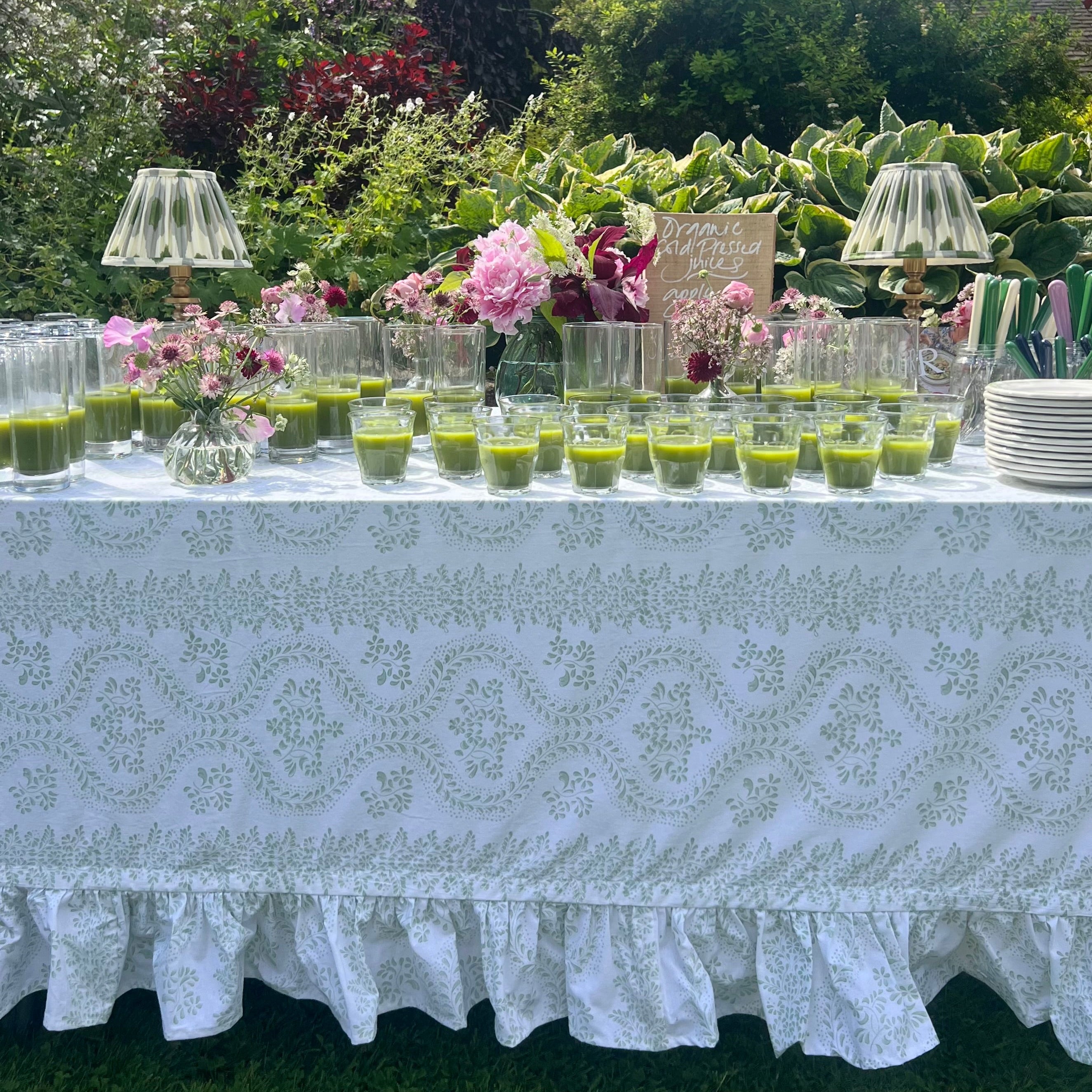 Green Rosalie Frilled Handblocked Tablecloth