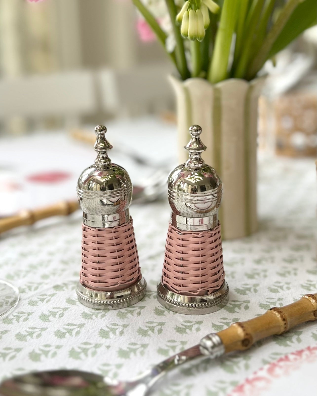 Pale Pink Rattan Salt and Pepper Set