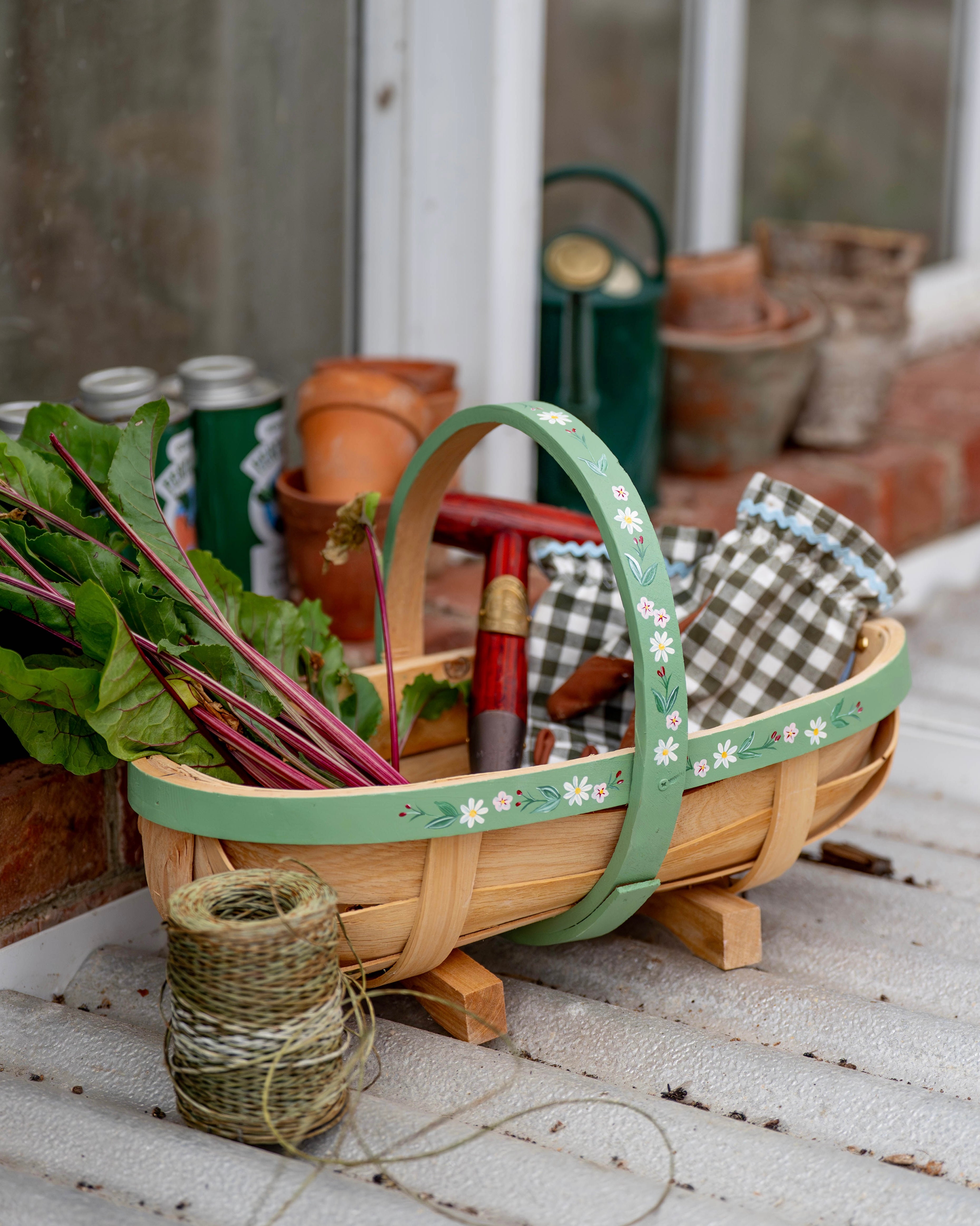 Handpainted Traditional Garden Trug - Green Floral