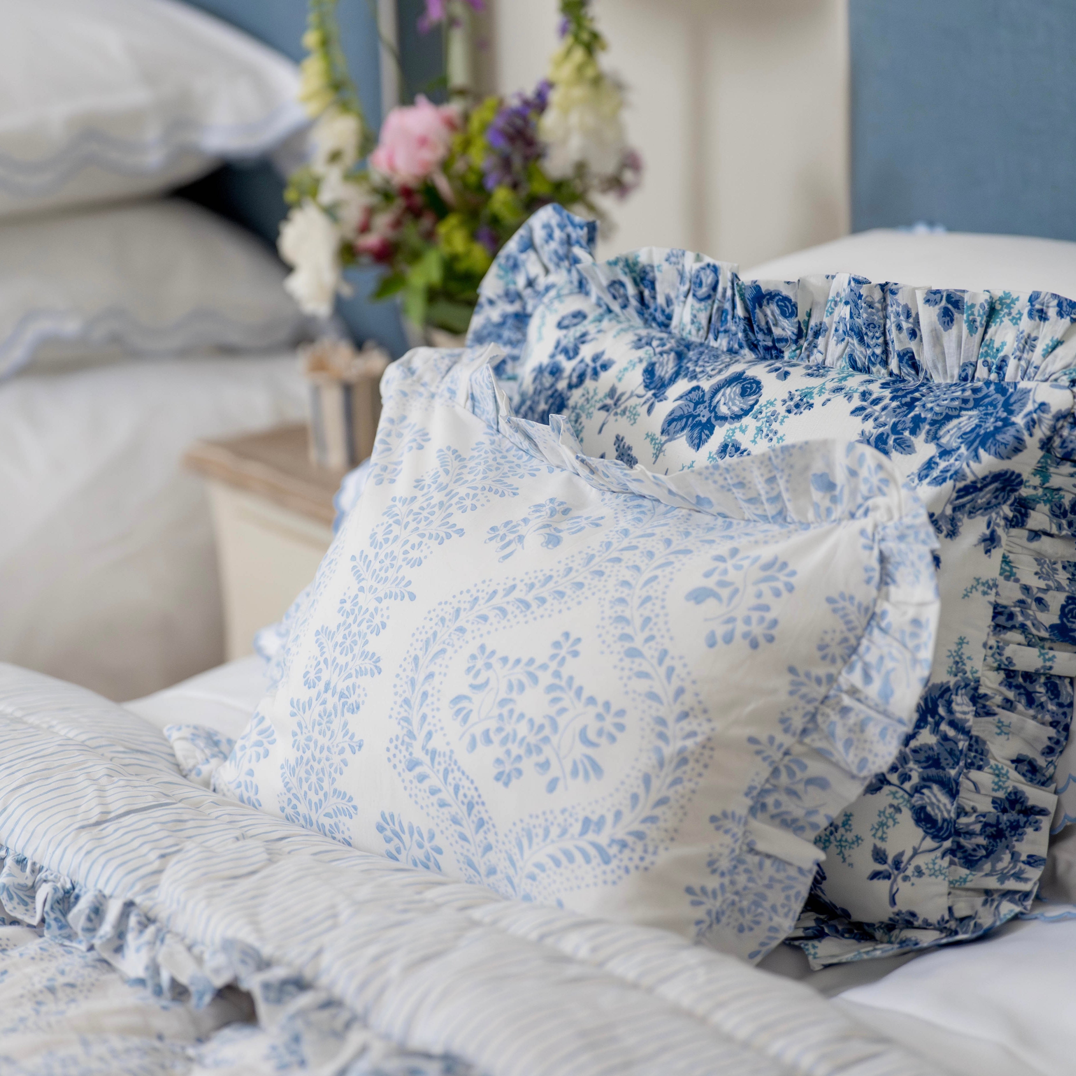 Blue Rosalie Frilled Cushion