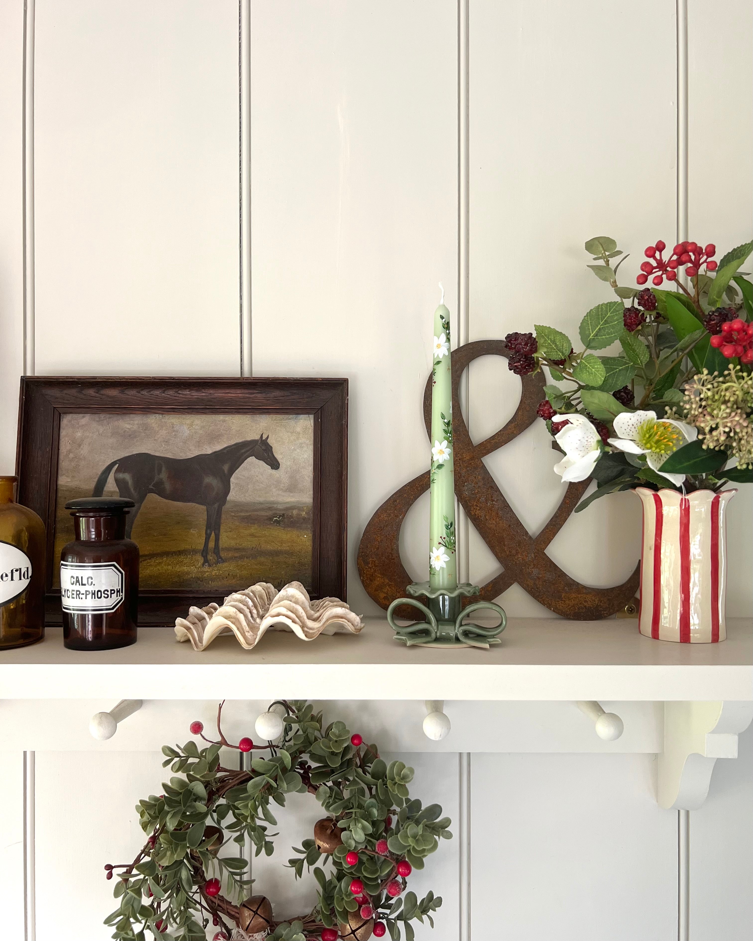 Green Festive Rose Handpainted Candle (Single)