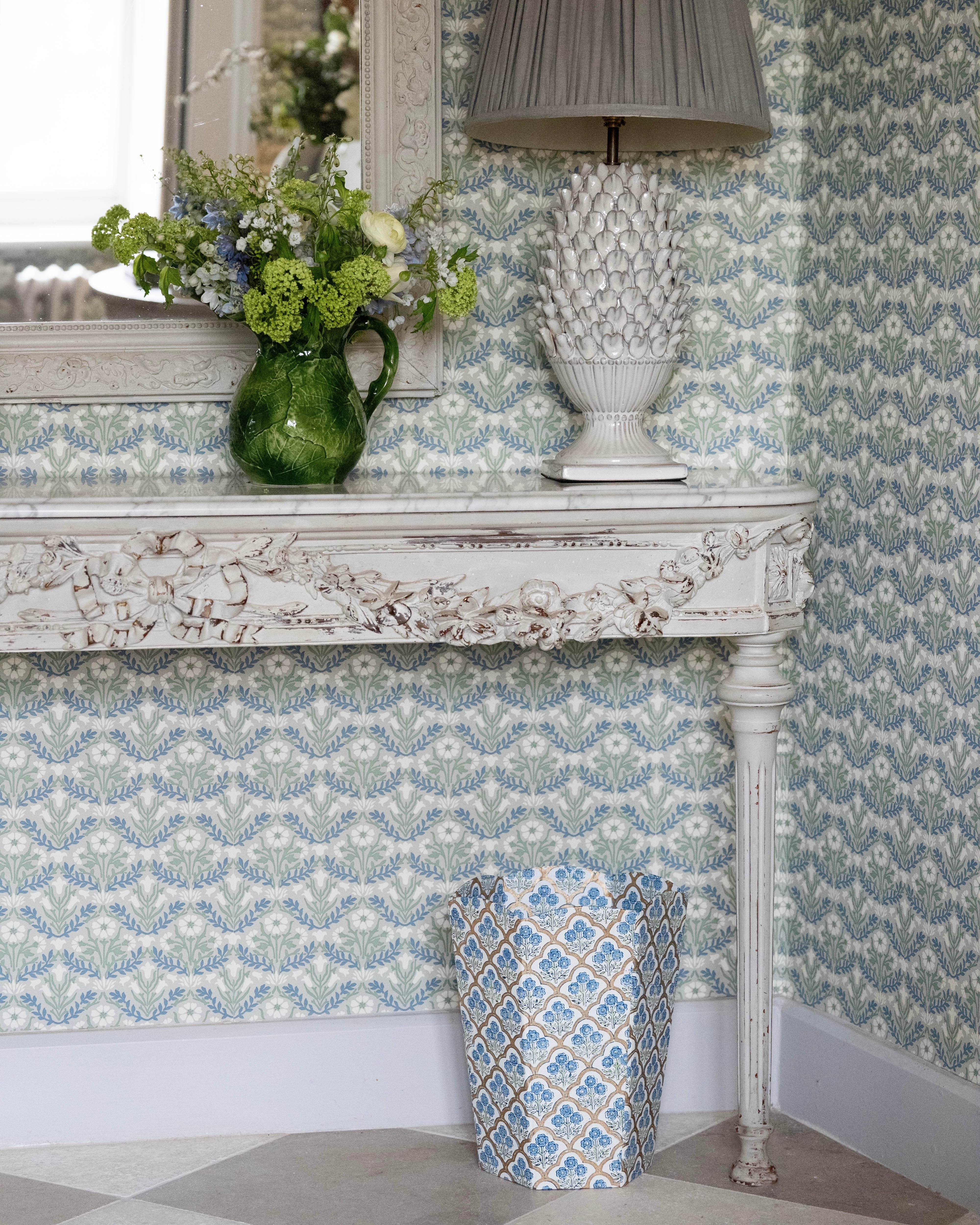 Blue Floral Trellis Waste Paper Basket