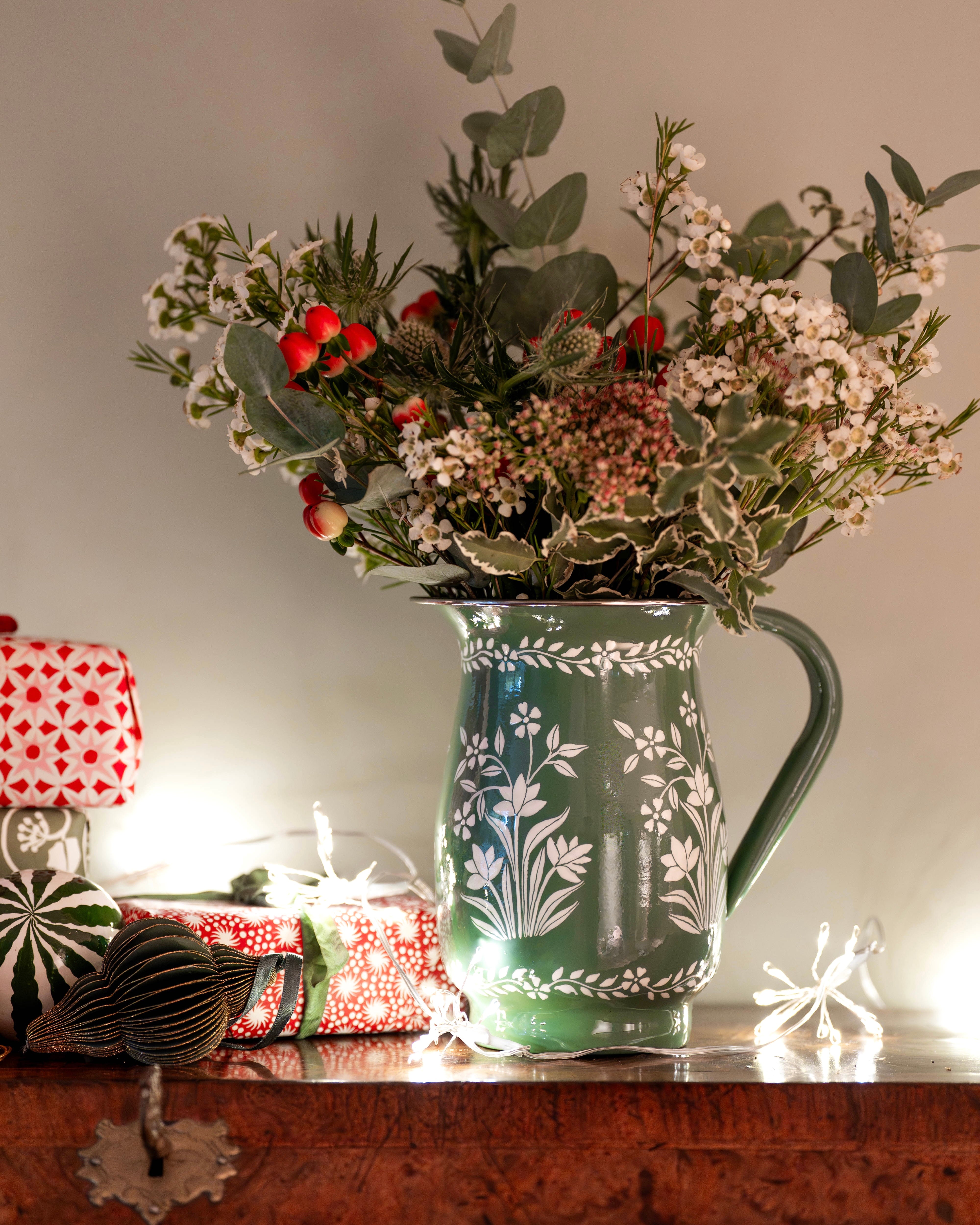 Enamel Hand Painted Jug Dusty Green