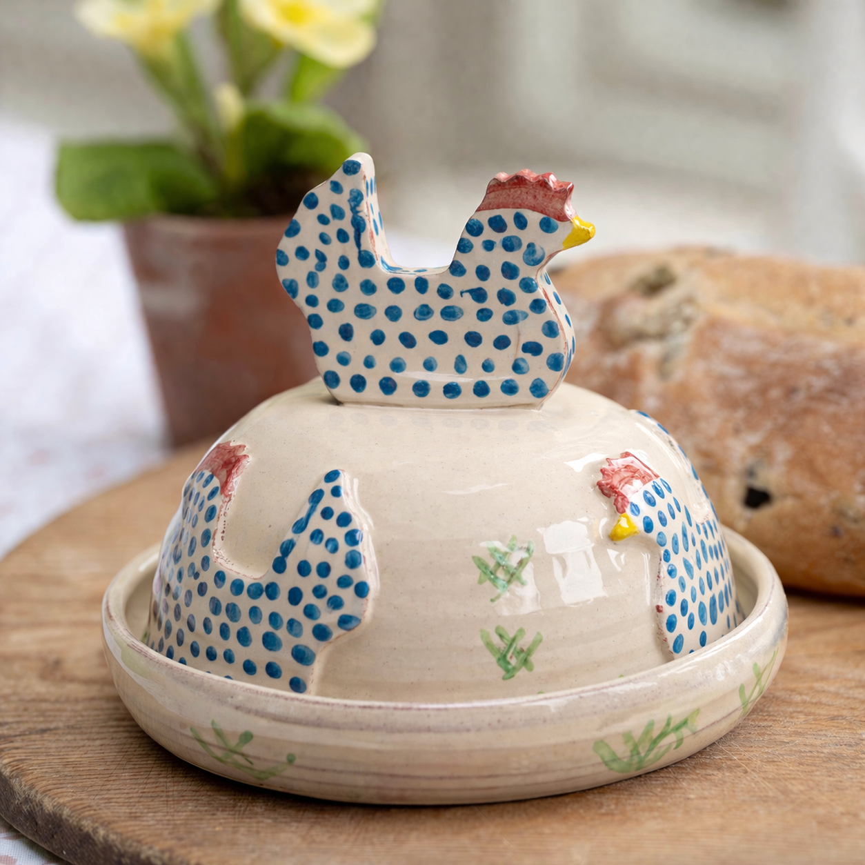 Blue Spotty Hens Butter Dish