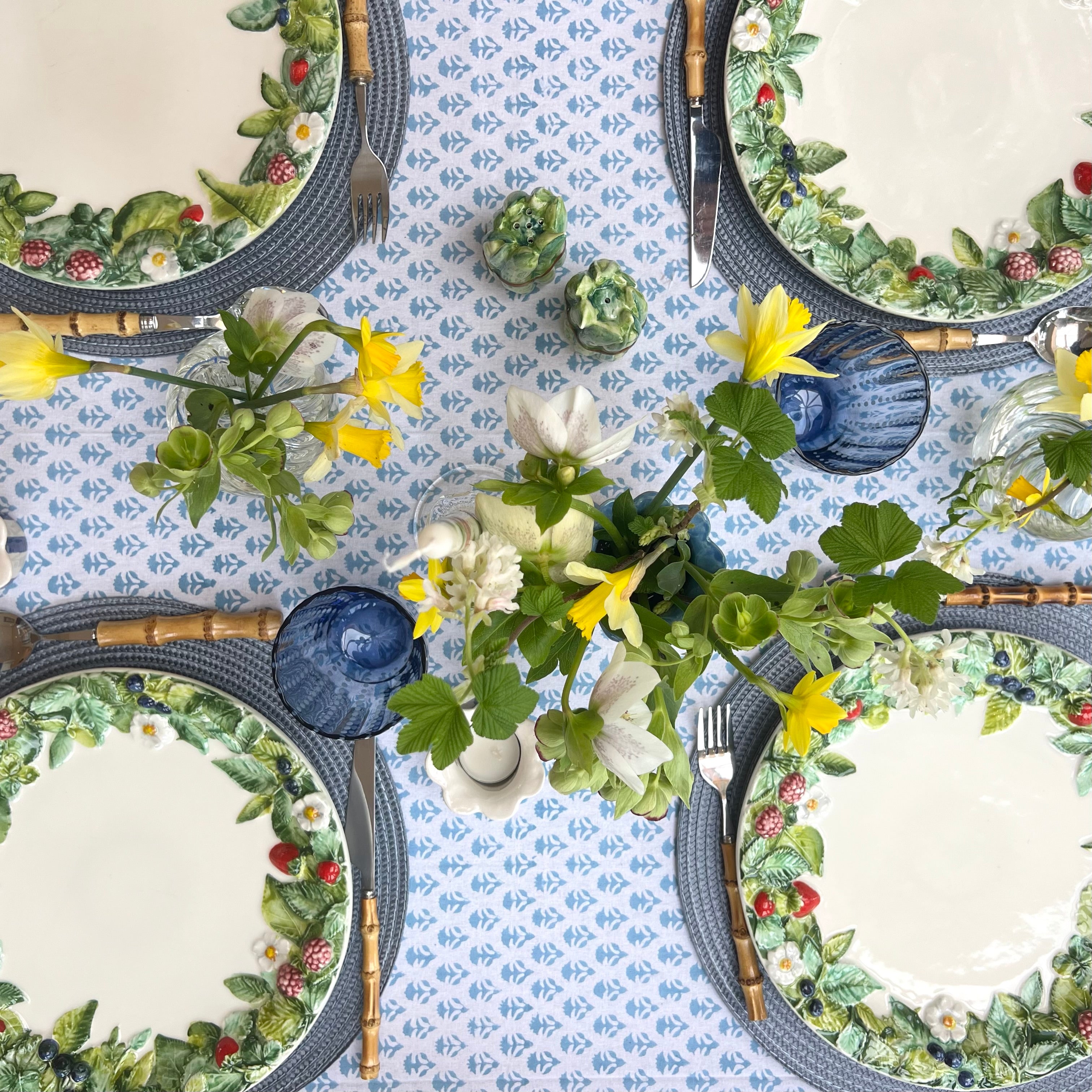 Cornflower Blue Carnation Handblocked Tablecloth