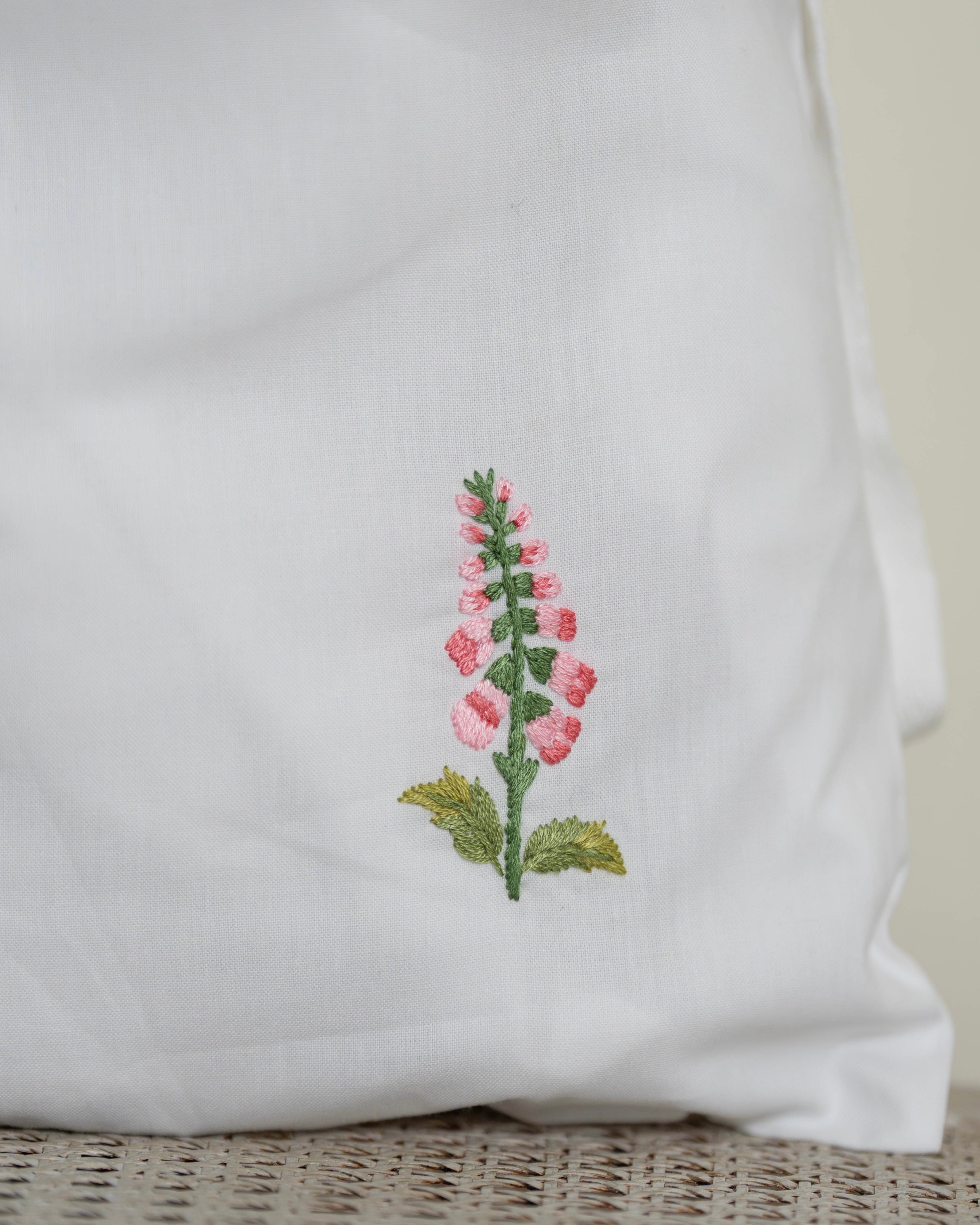 Pink Foxglove Embroidered Cotton Laundry Bag