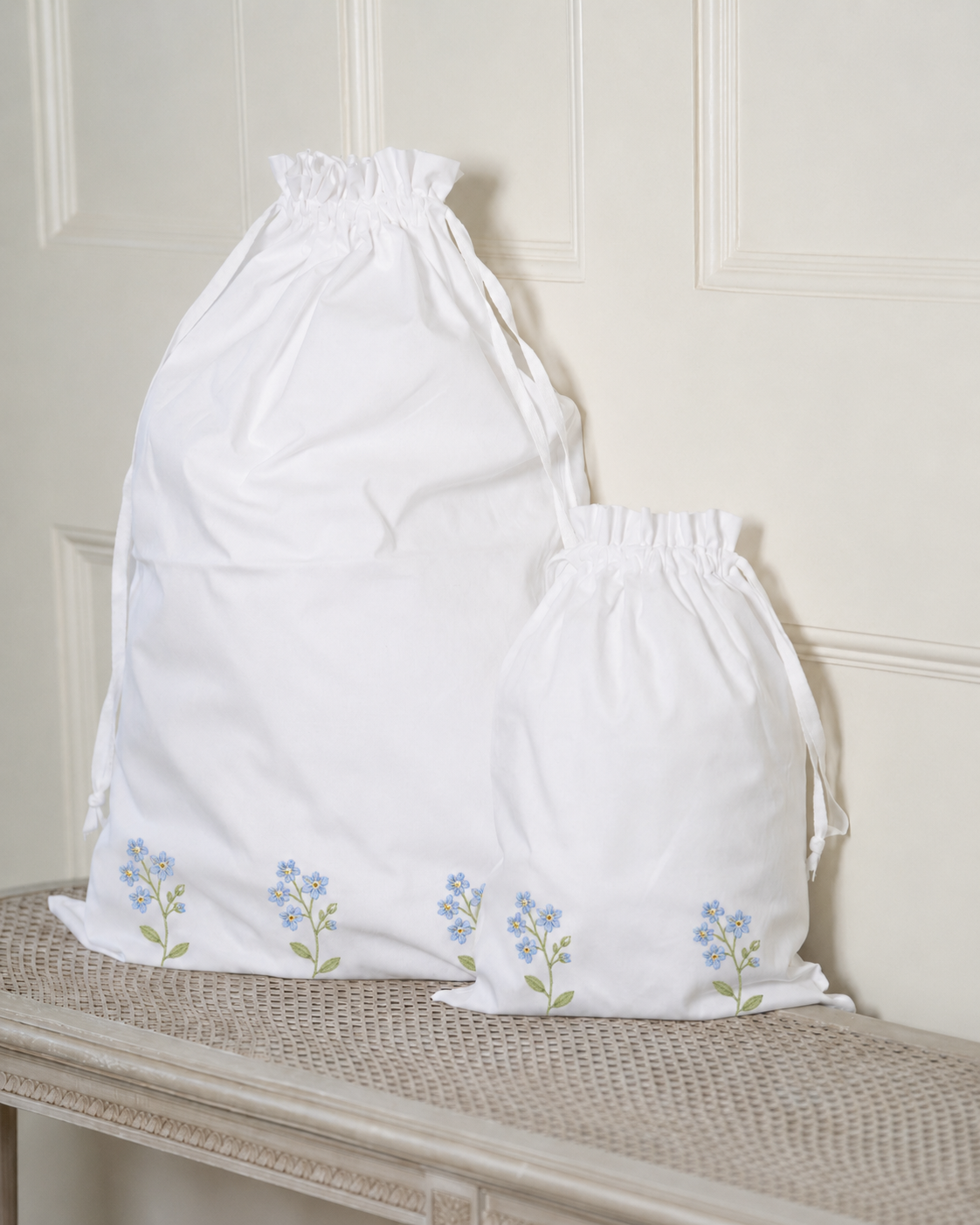 Blue Forget-me-not Embroidered Cotton Laundry Bag