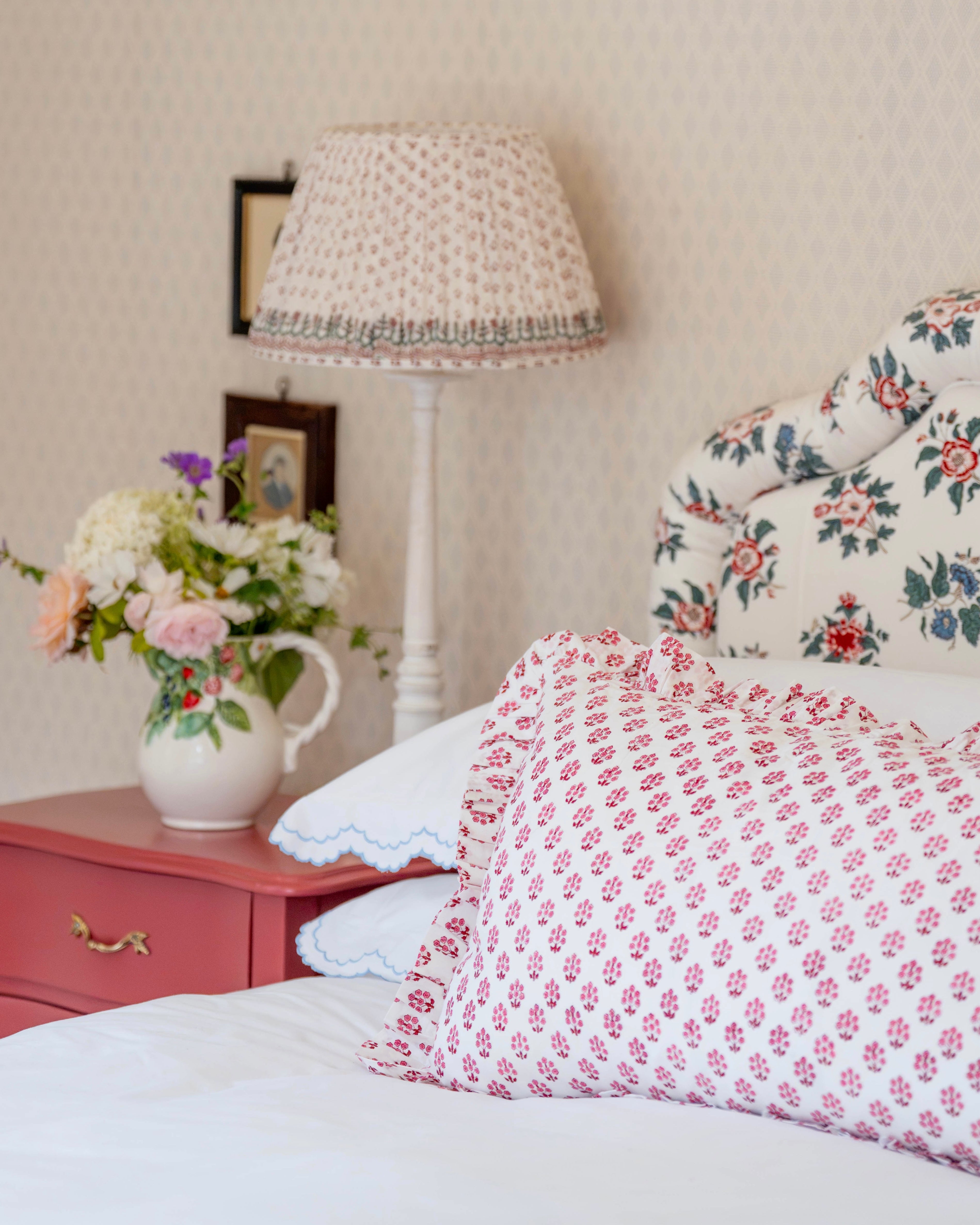 Pink Daphne Handblocked Frilled Bolster Cushion