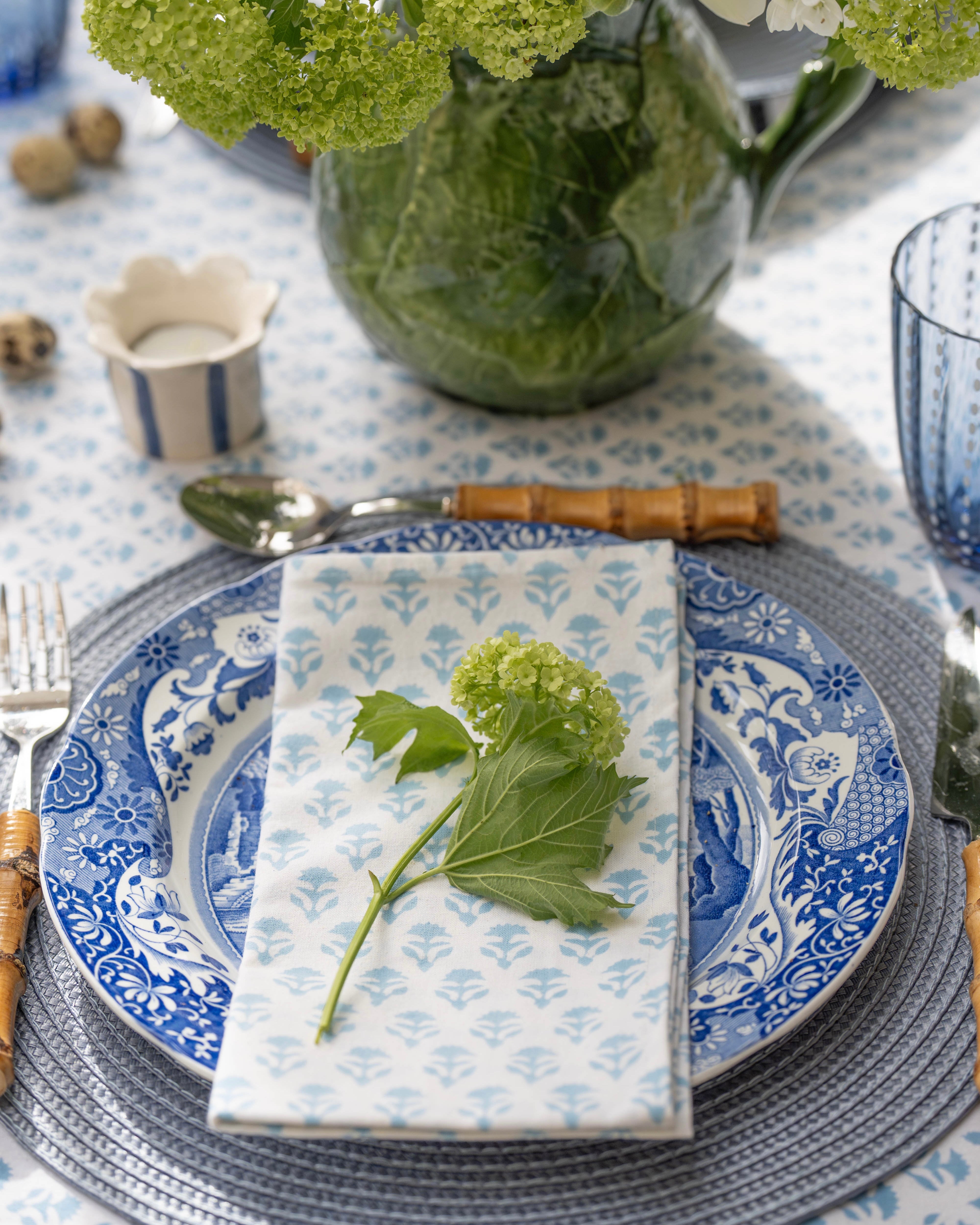 Cornflower Blue Carnation Handblocked Tablecloth
