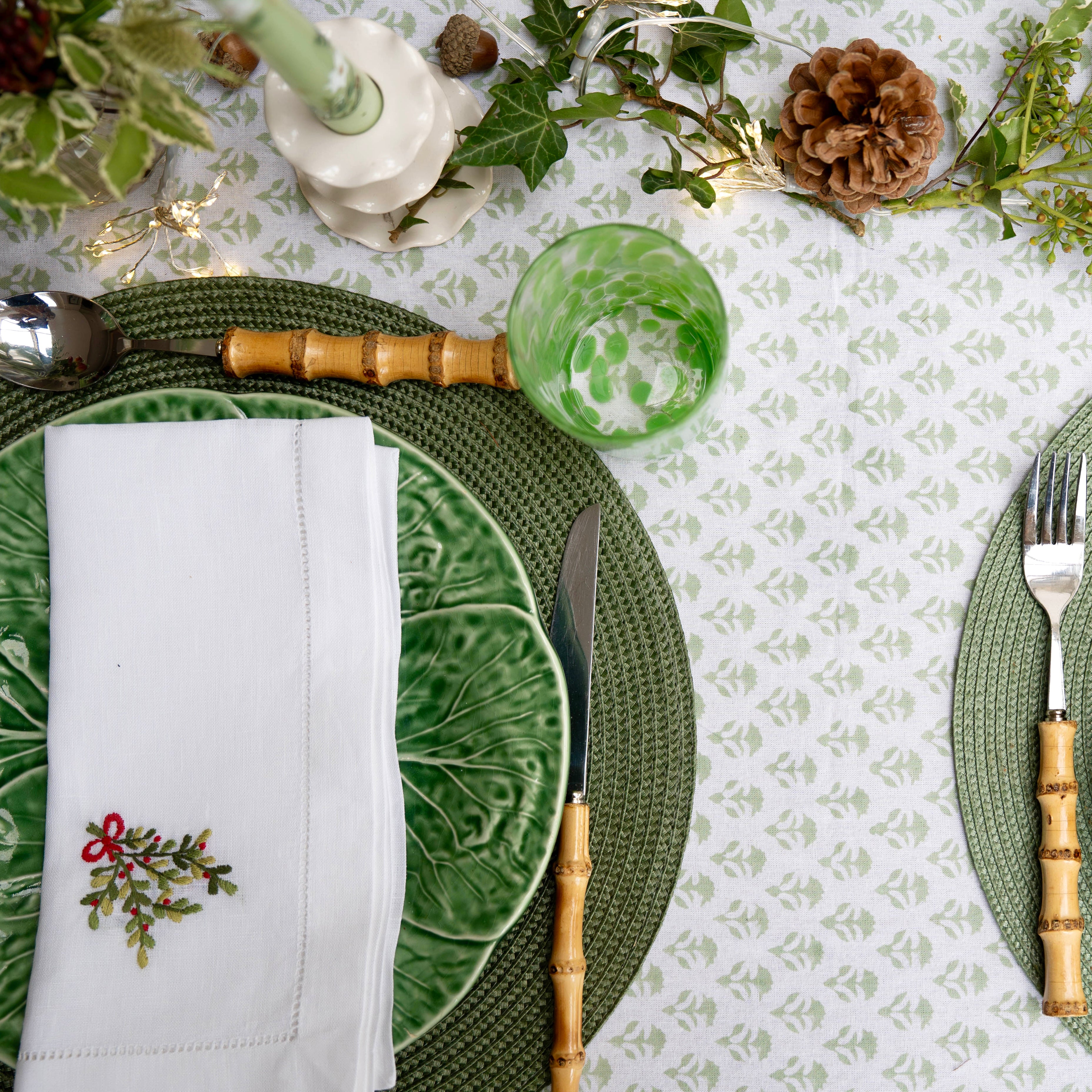 Sage Green Carnation Handblocked Tablecloth