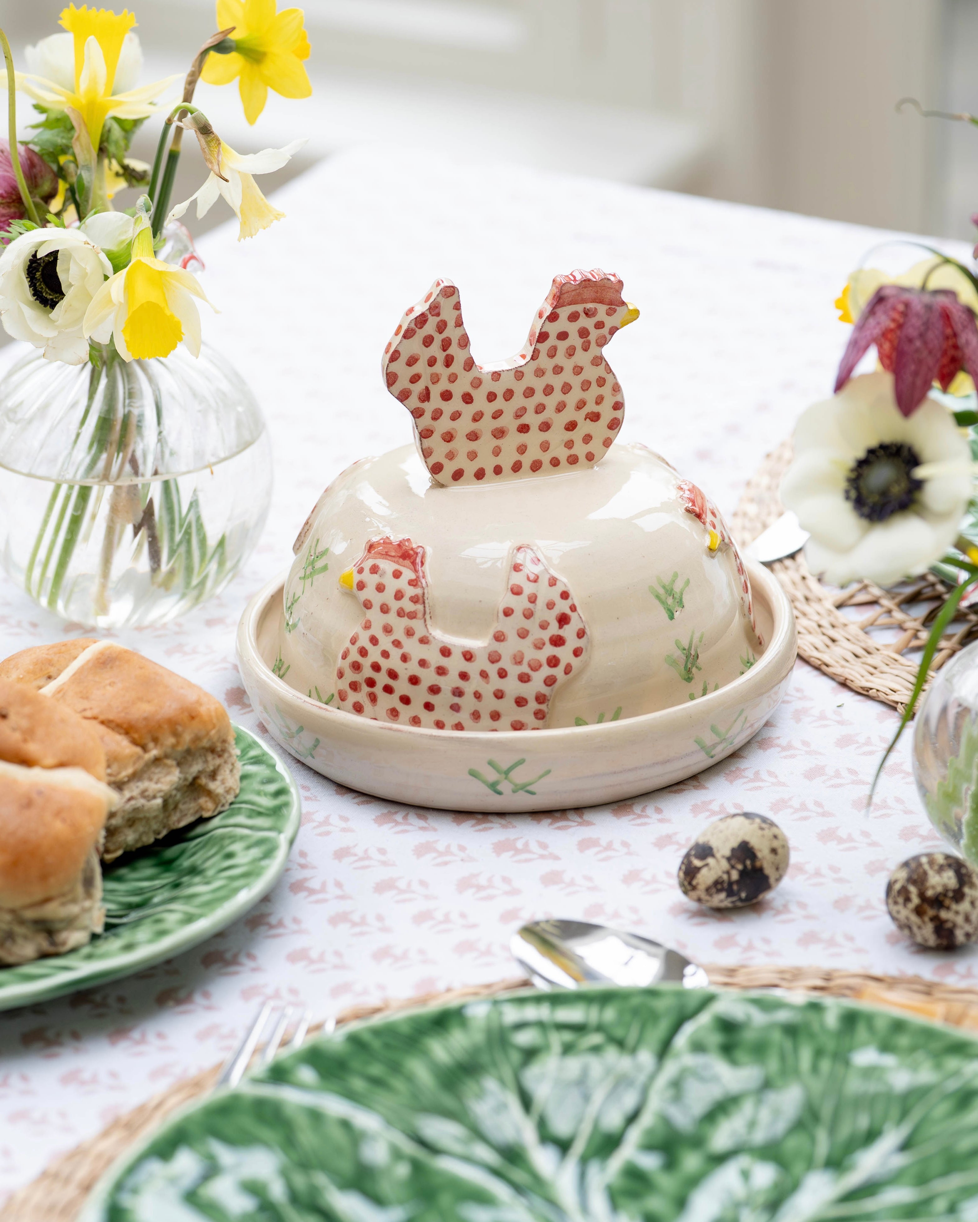 Pink Spotty Hens Butter Dish