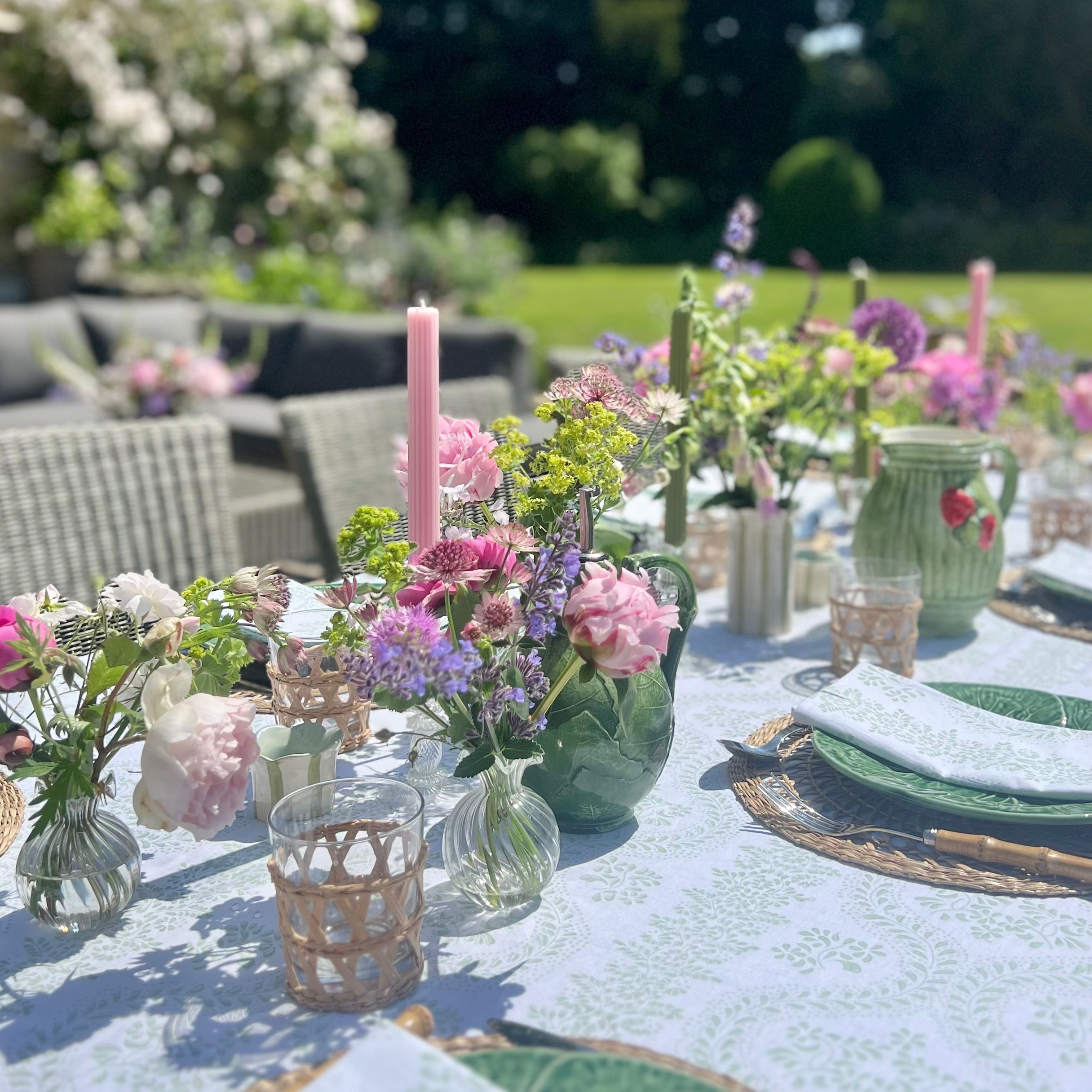 Green Rosalie Frilled Handblocked Tablecloth