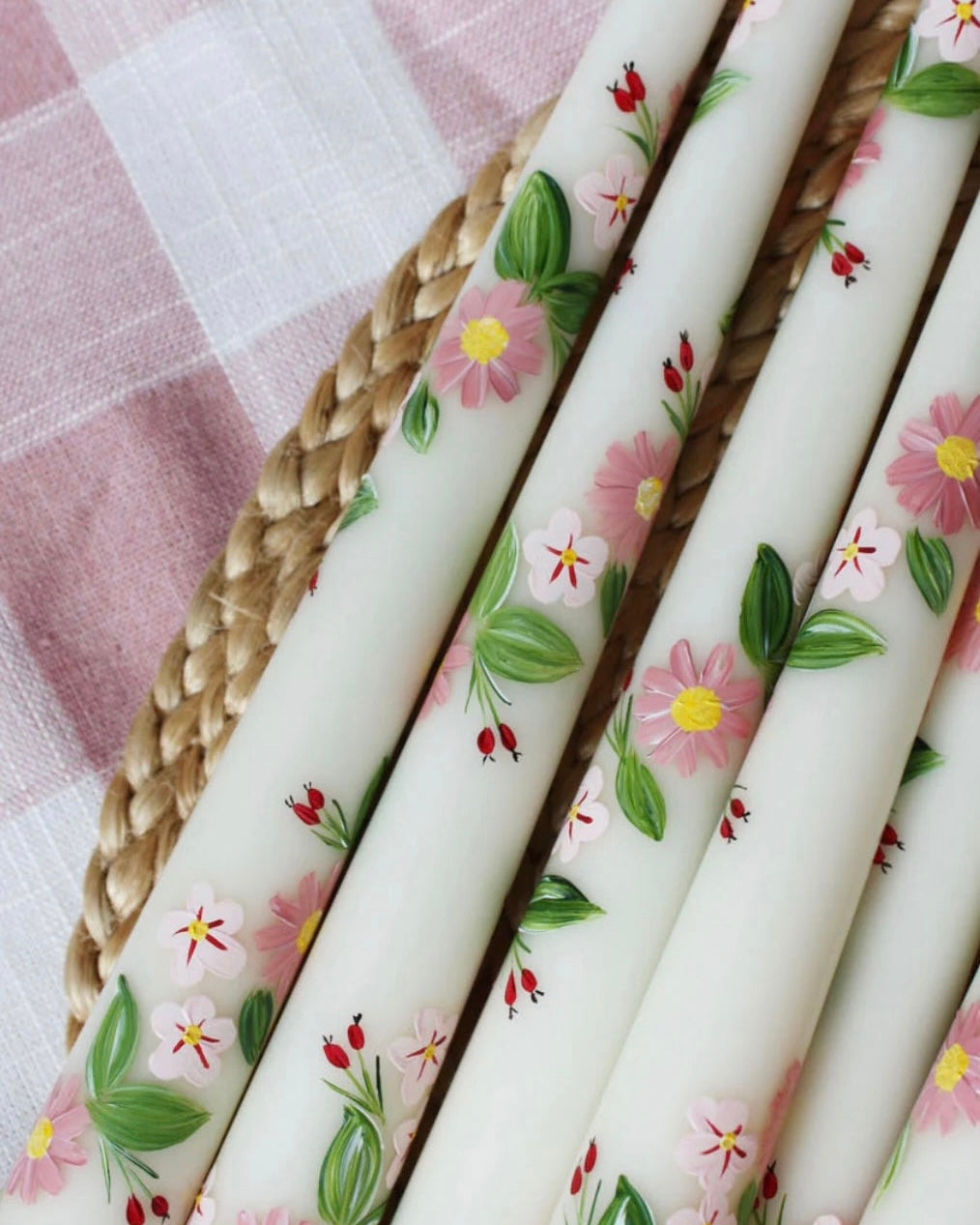 Pink Aster and Rosehips Handpainted Candle (Single)