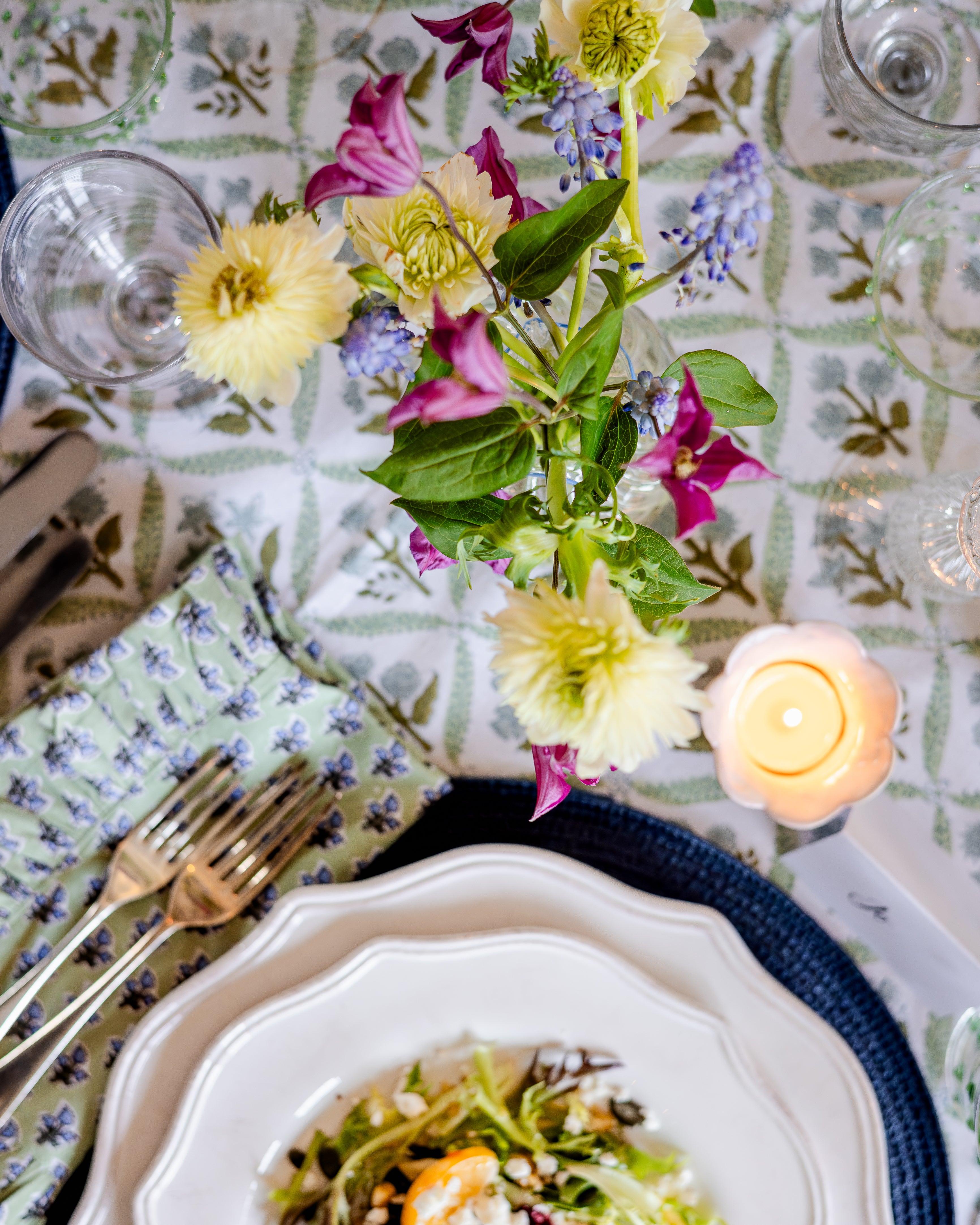 Blue and Green Trellis Handblocked Tablecloth