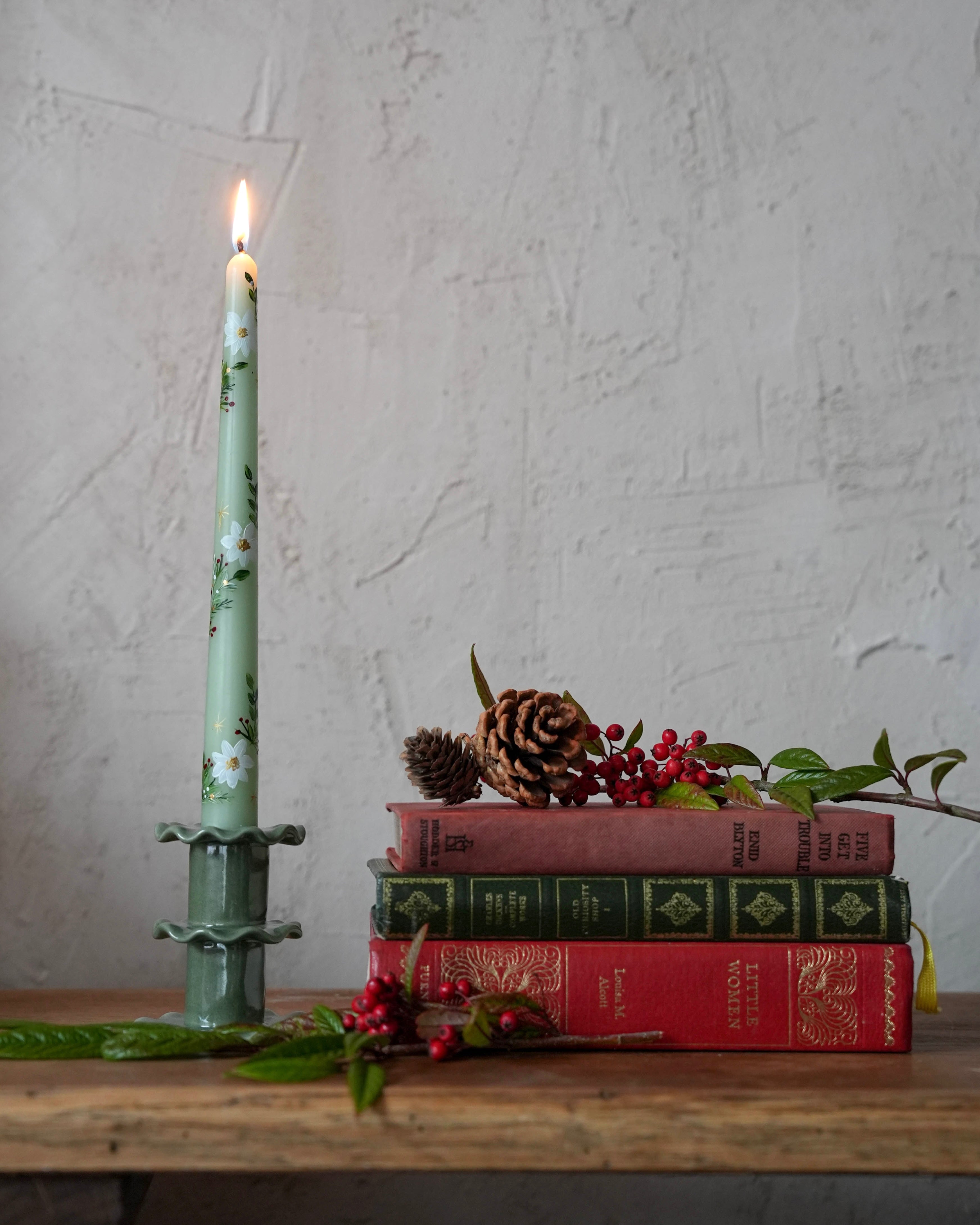 Green Festive Rose Handpainted Candle (Single)