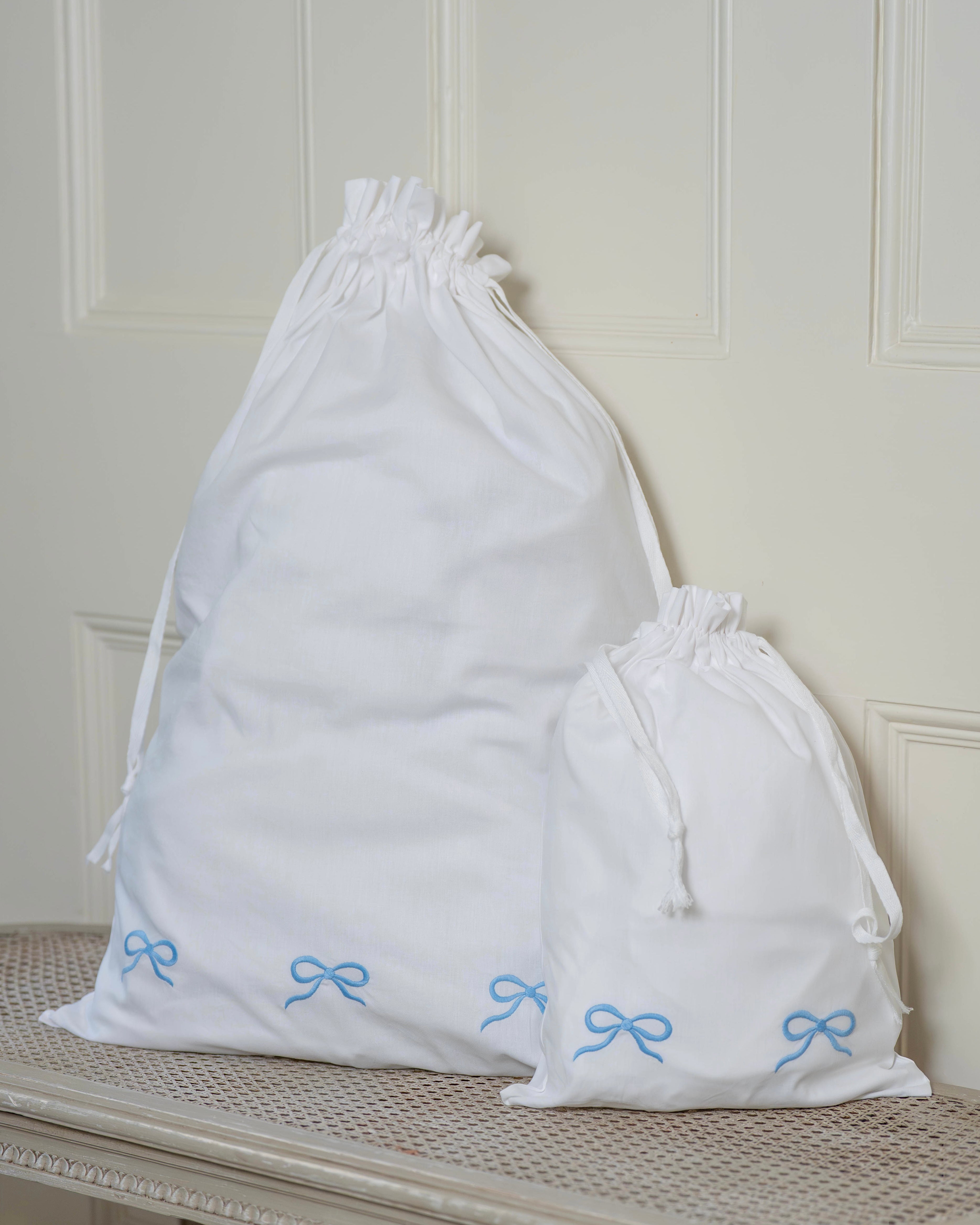 Blue Bow Embroidered Cotton Laundry Bag