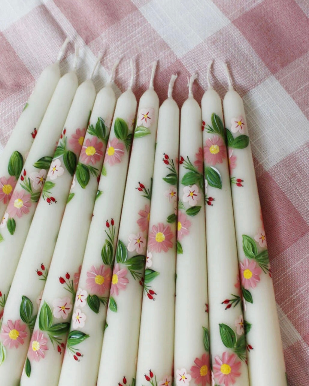 Pink Aster and Rosehips Handpainted Candle (Single)