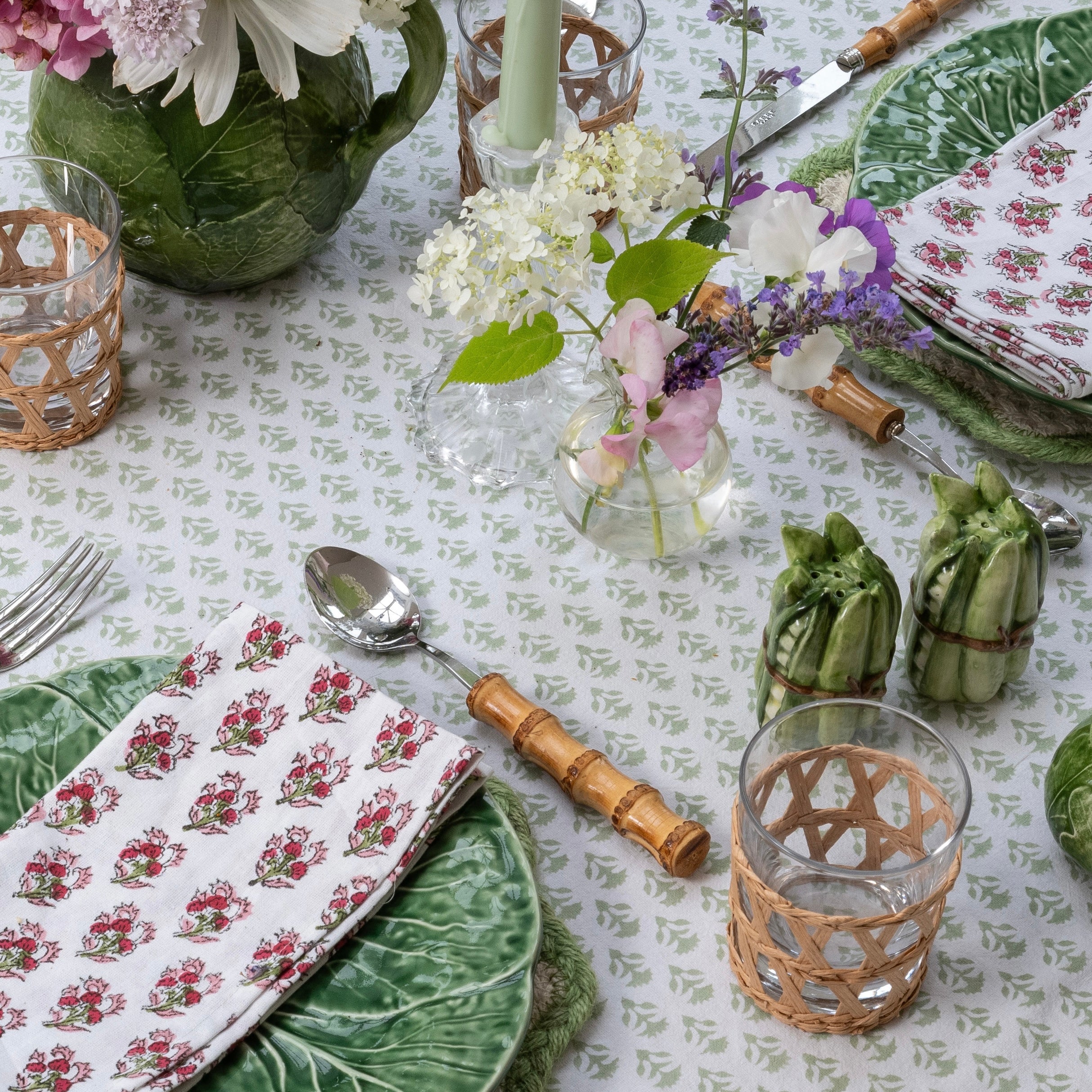 Sage Green Carnation Handblocked Tablecloth