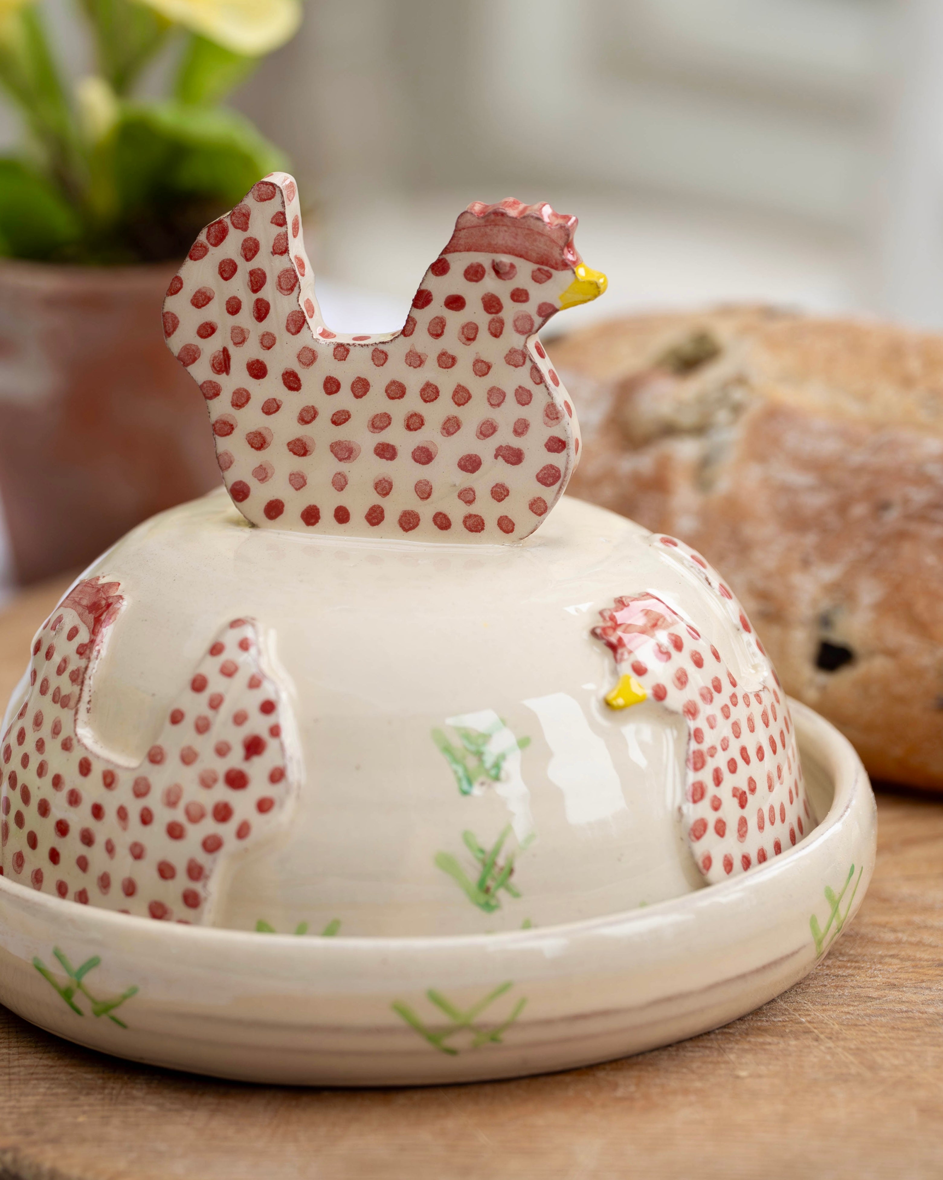 Pink Spotty Hens Butter Dish