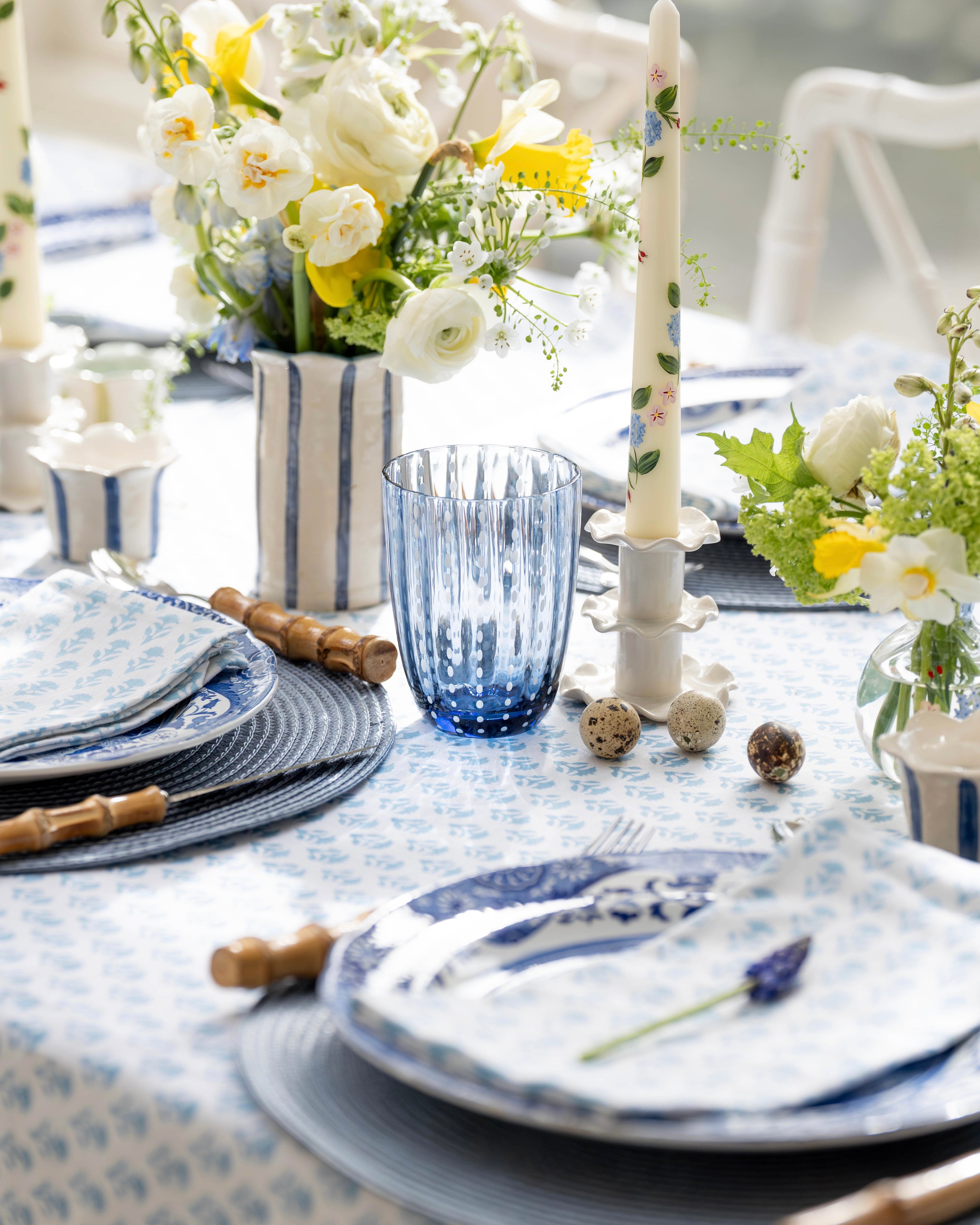 Cornflower Blue Carnation Handblocked Tablecloth