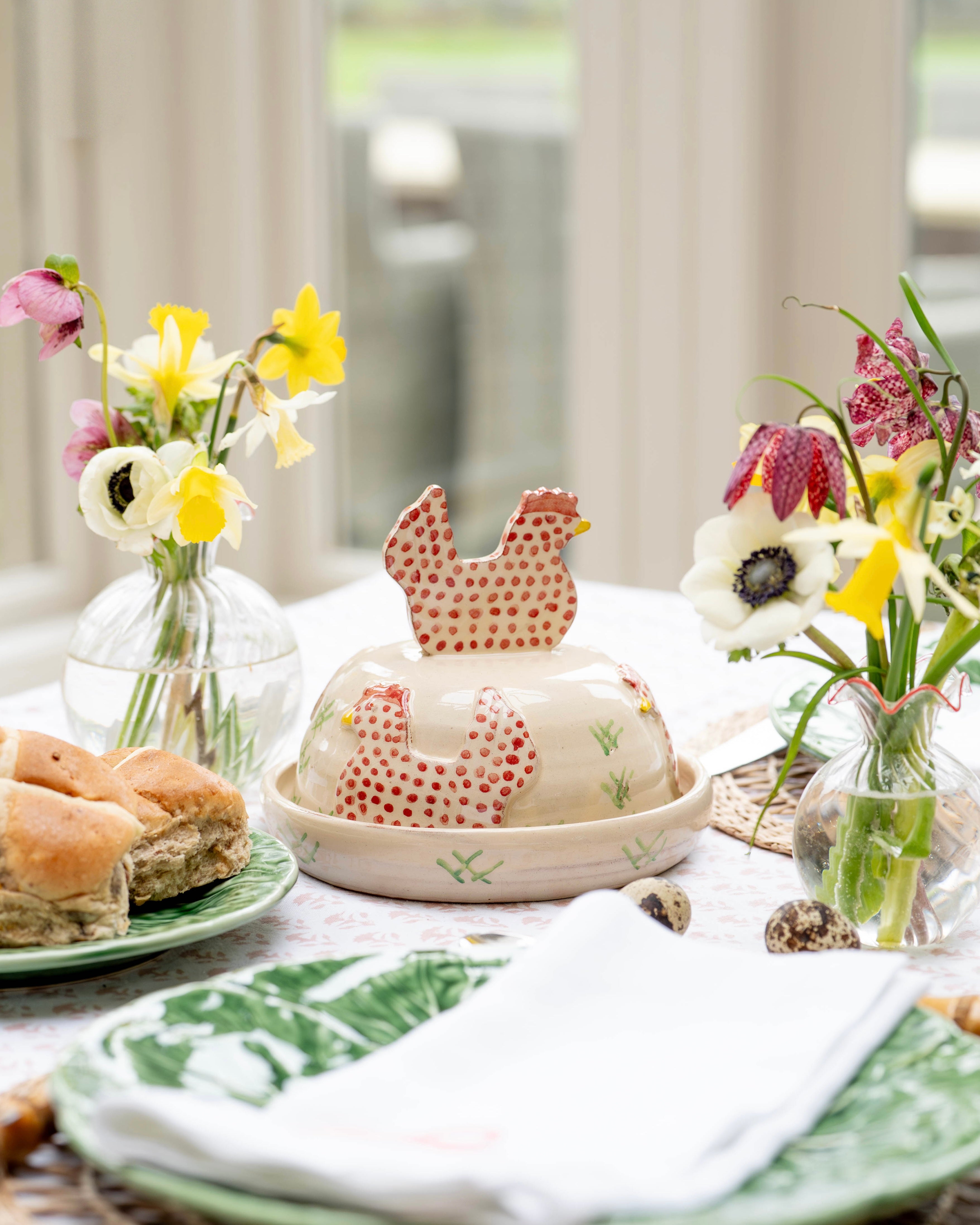 Pink Spotty Hens Butter Dish