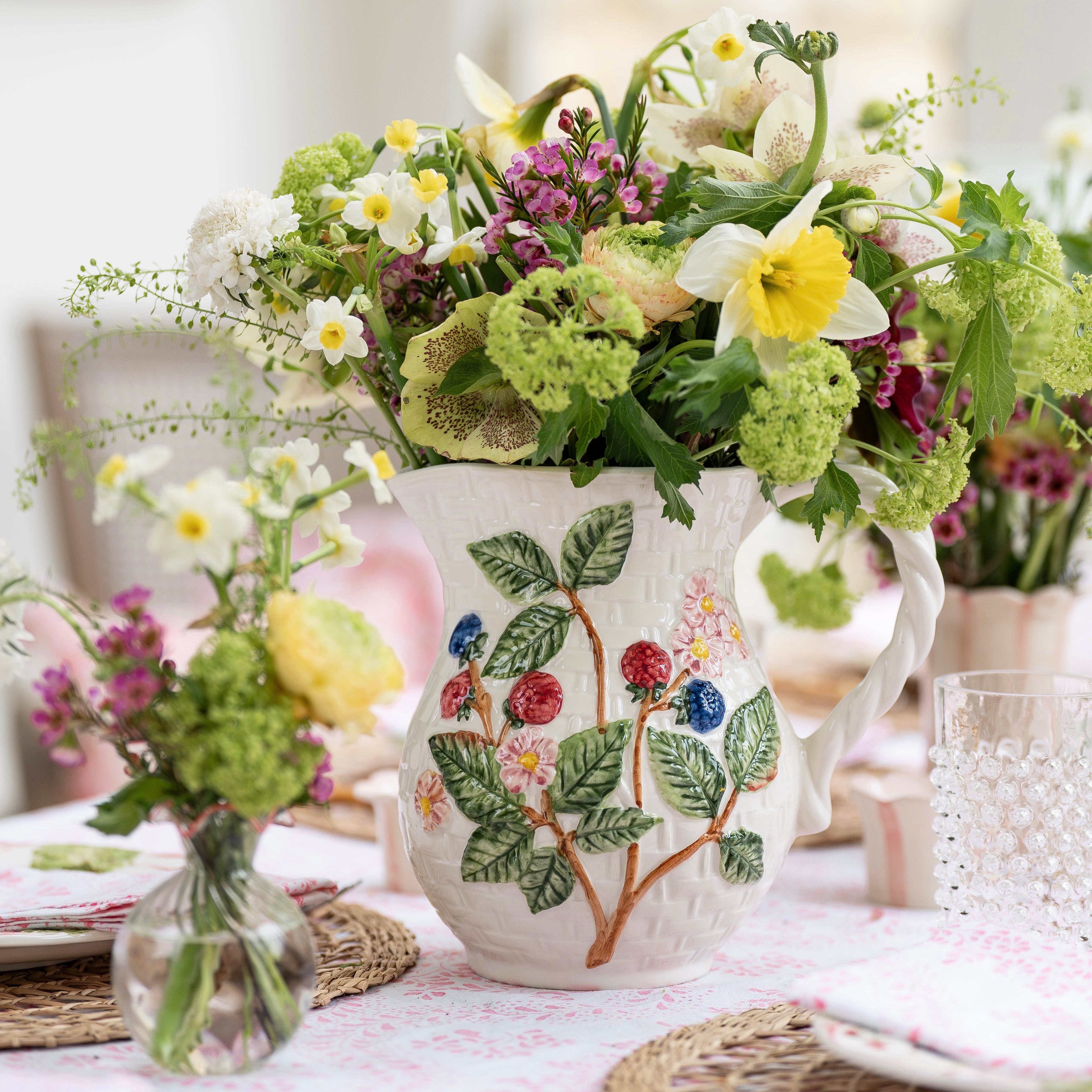 Berries and Flowers Basketweave Ceramic Jug
