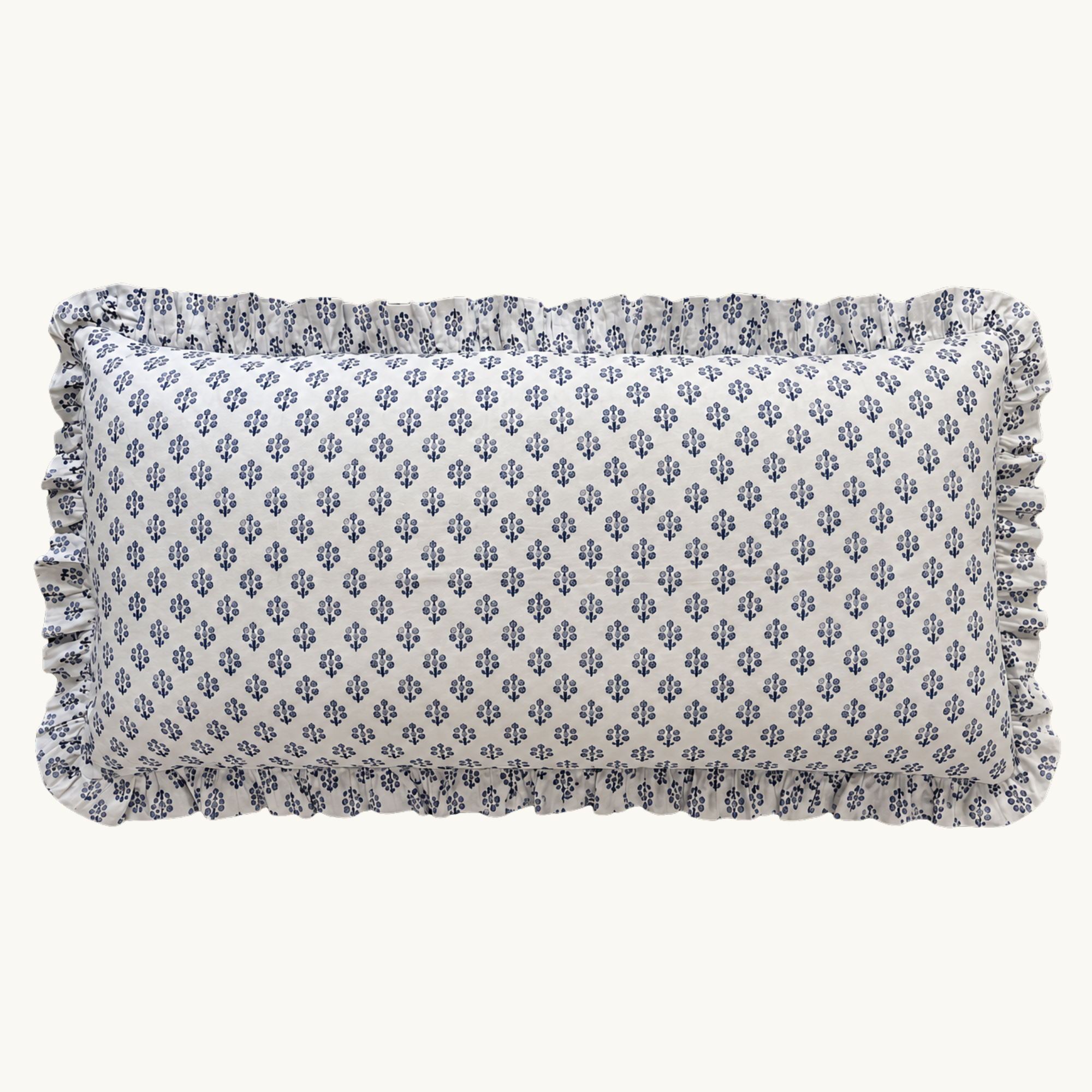 Blue Daphne Handblocked Frilled Bolster Cushion
