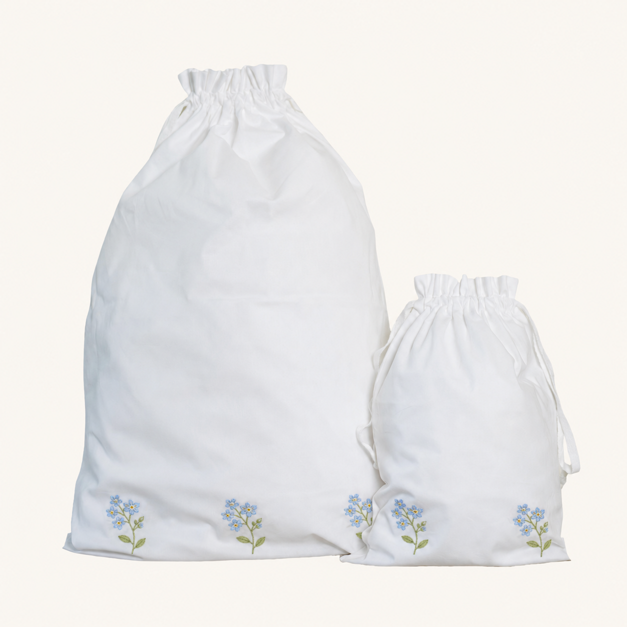 Blue Forget-me-not Embroidered Cotton Laundry Bag