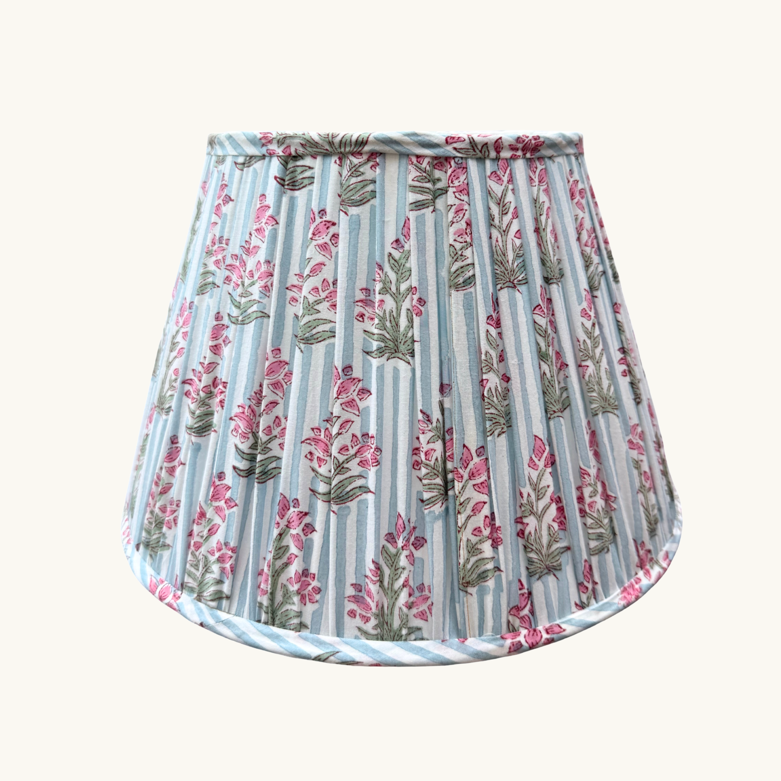 Blue and Pink Floral and striped lampshade on a white background