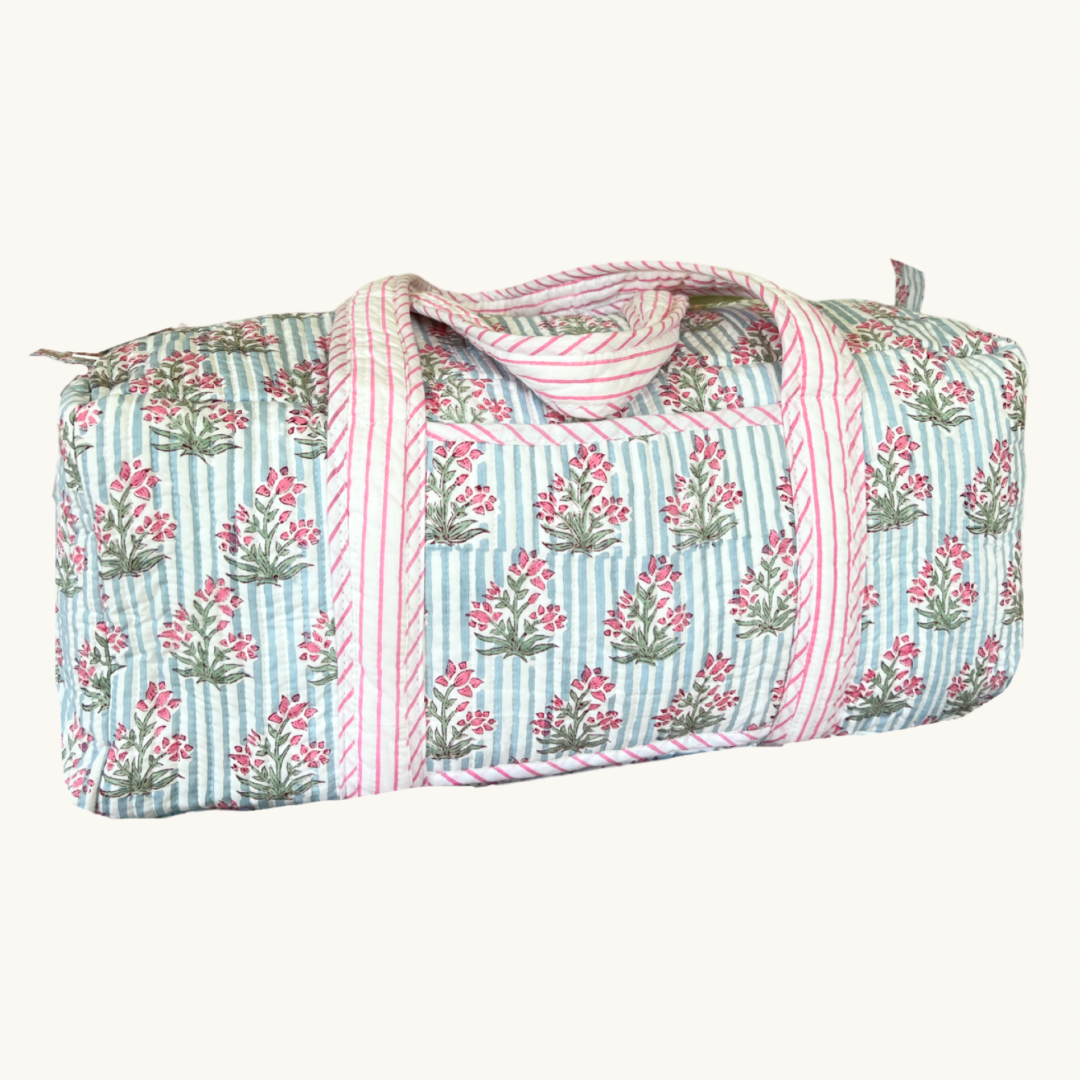 Blue Johari Handblocked Weekend Bag