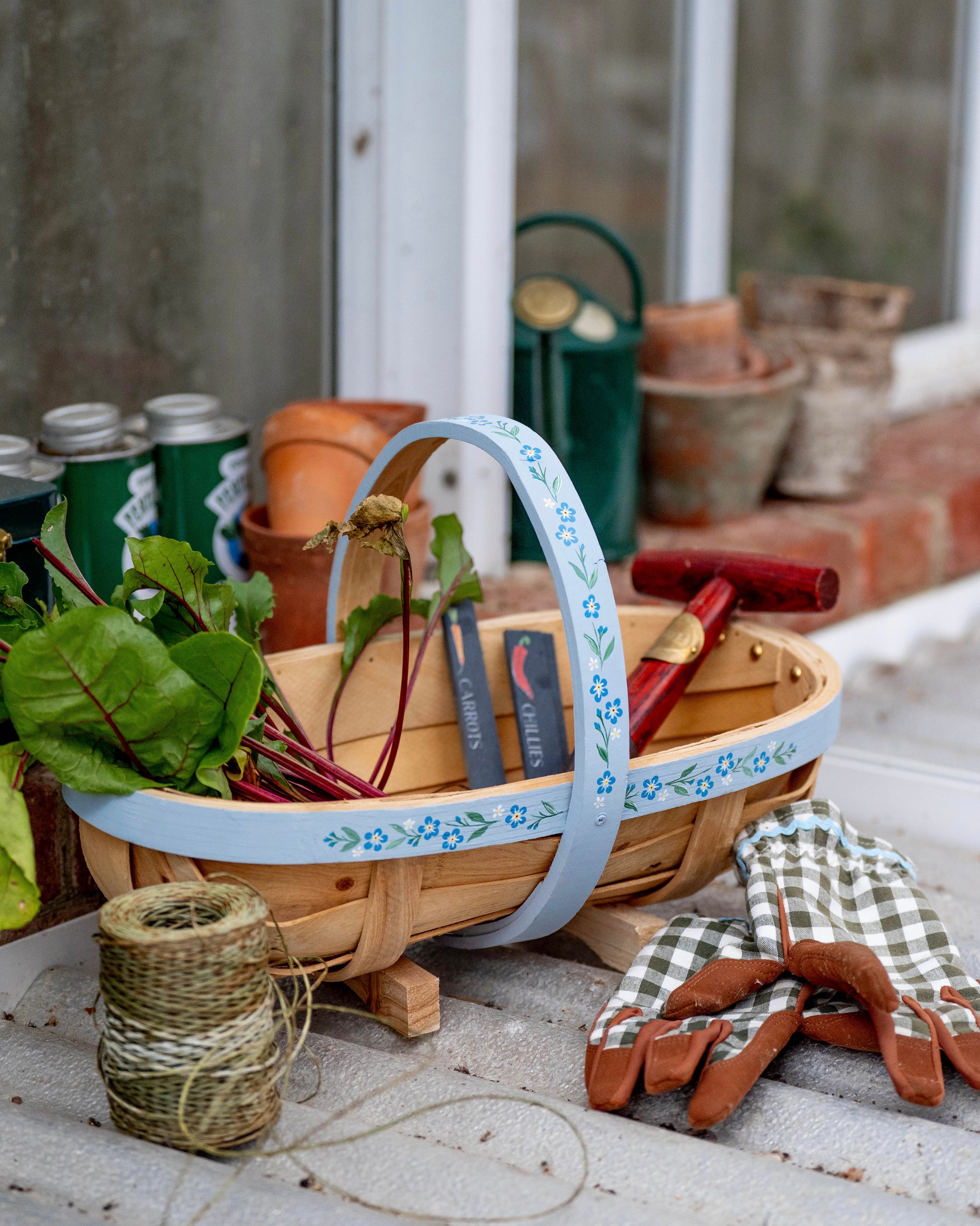 Handpainted Traditional Garden Trug - Blue Floral
