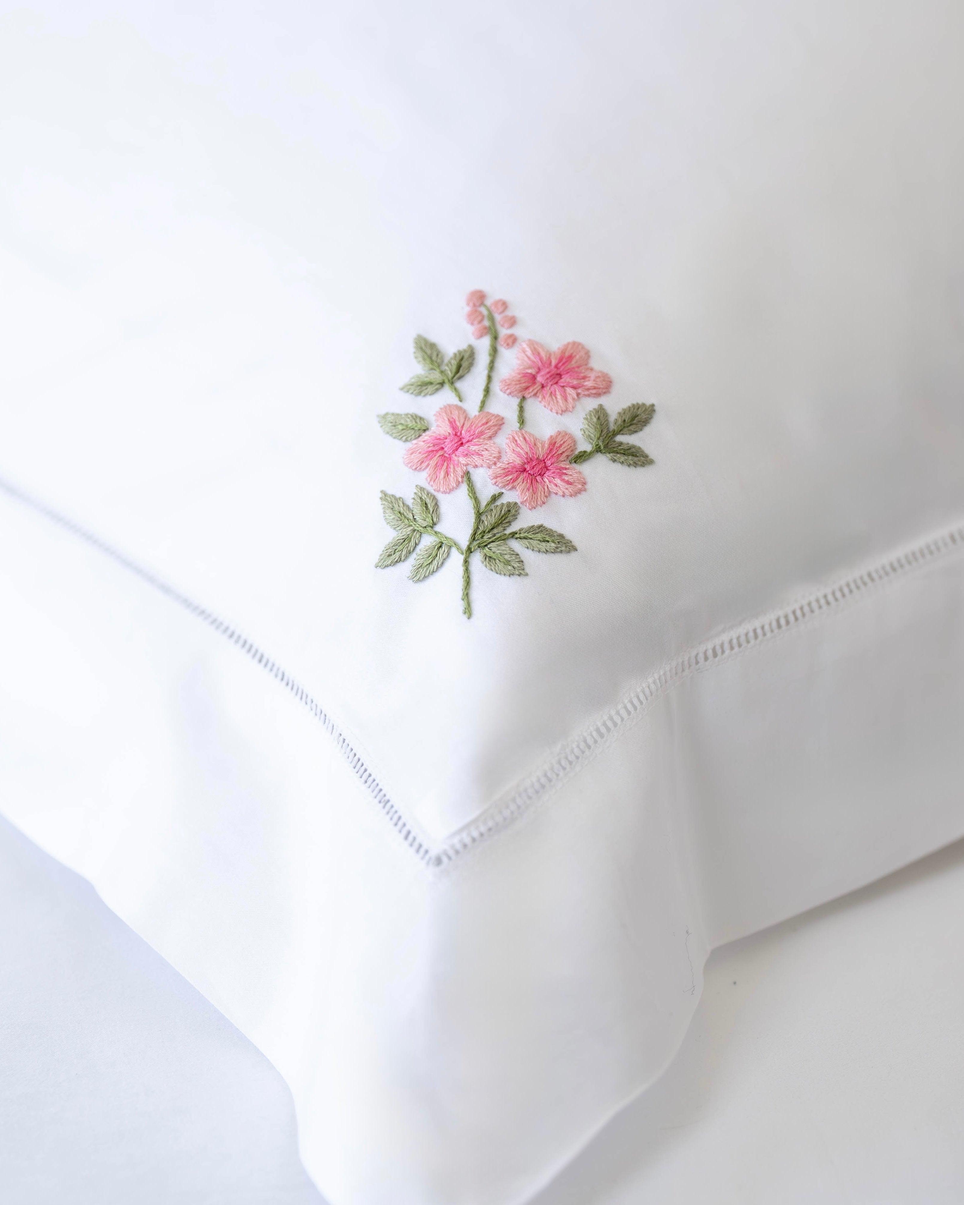 Pink Floral Embroidered Pillowcase
