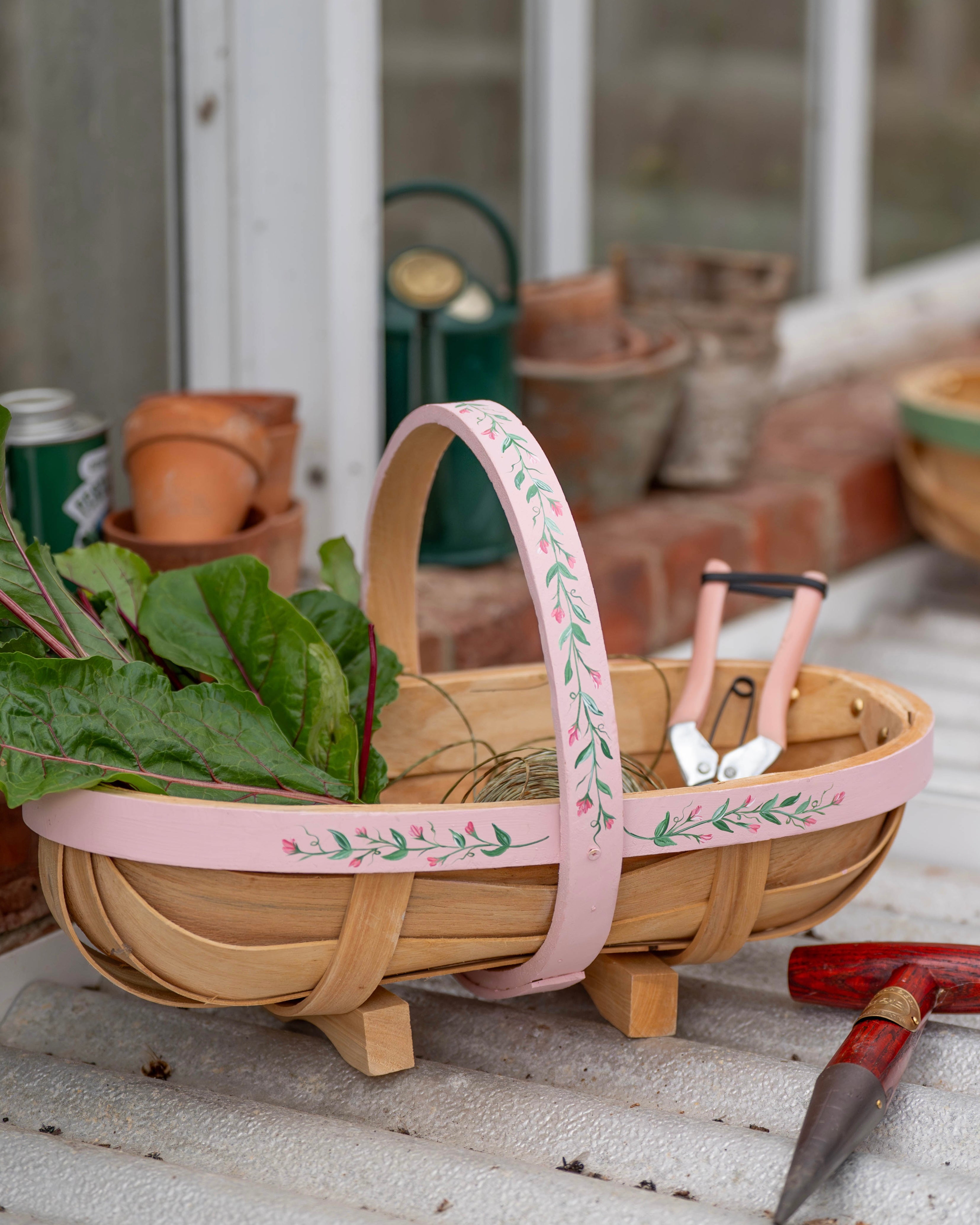 Handpainted Traditional Garden Trug - Pink Floral