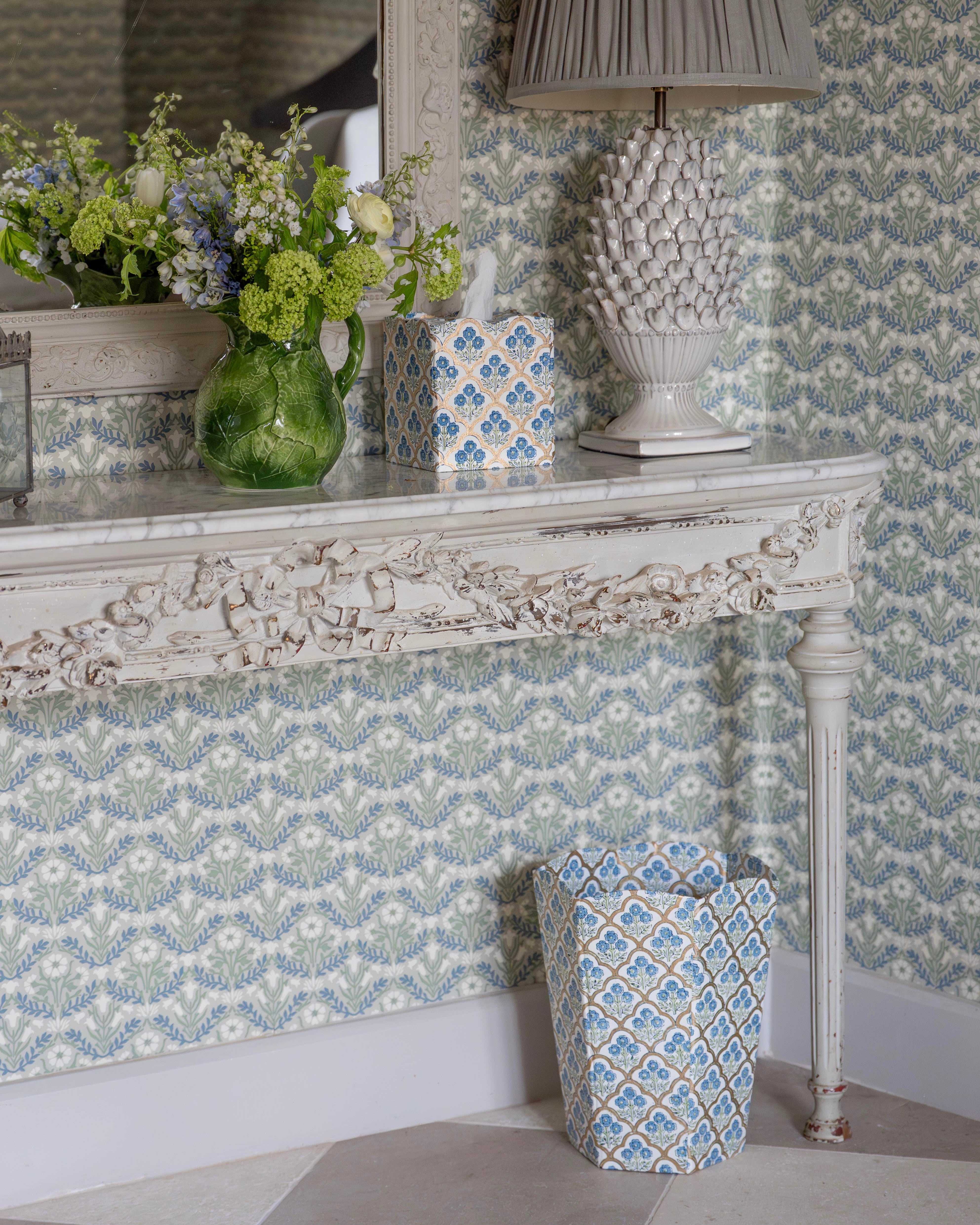 Blue Floral Trellis Waste Paper Basket