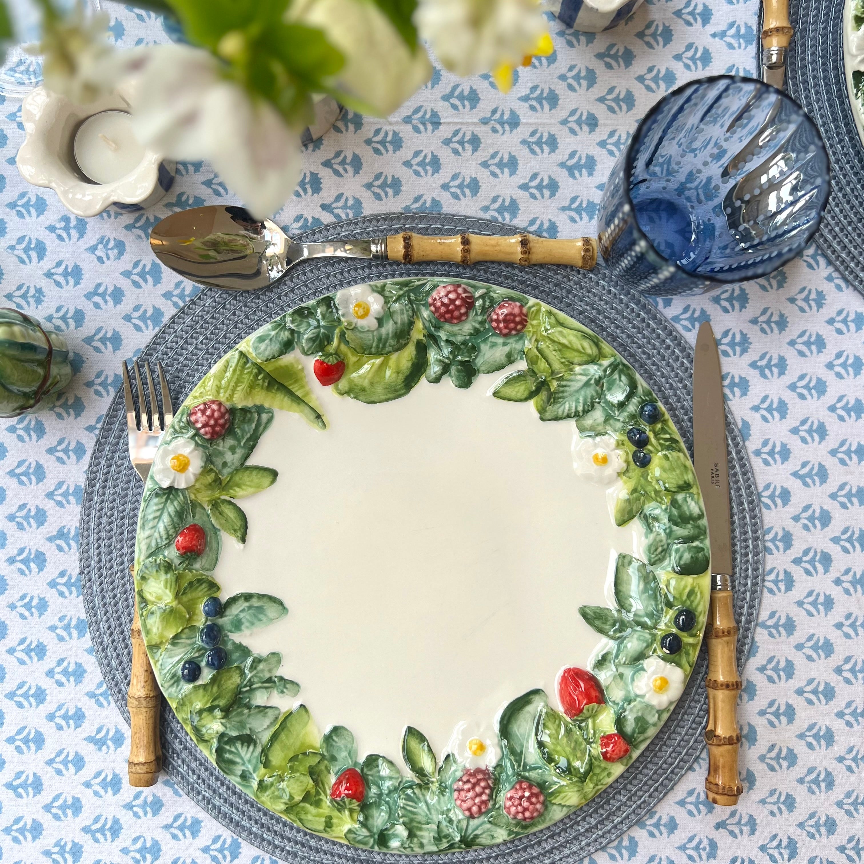 Cornflower Blue Carnation Handblocked Tablecloth