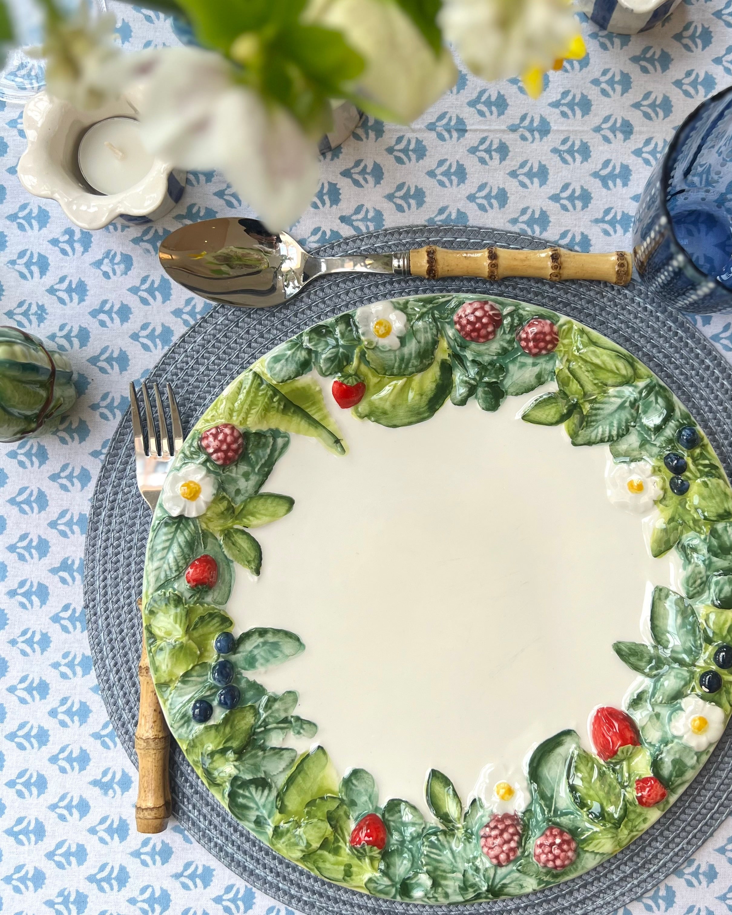 Cornflower Blue Carnation Handblocked Tablecloth